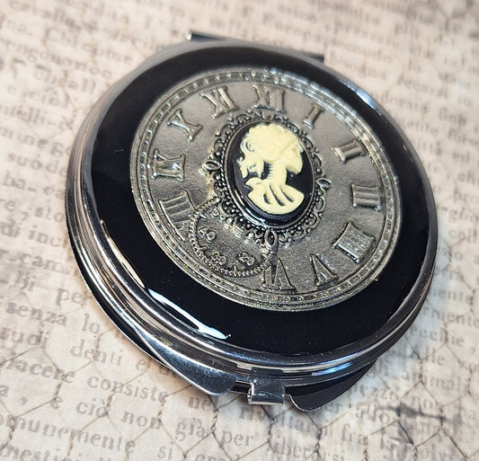 Skeleton Cameo Women Clock Compact Mirror
