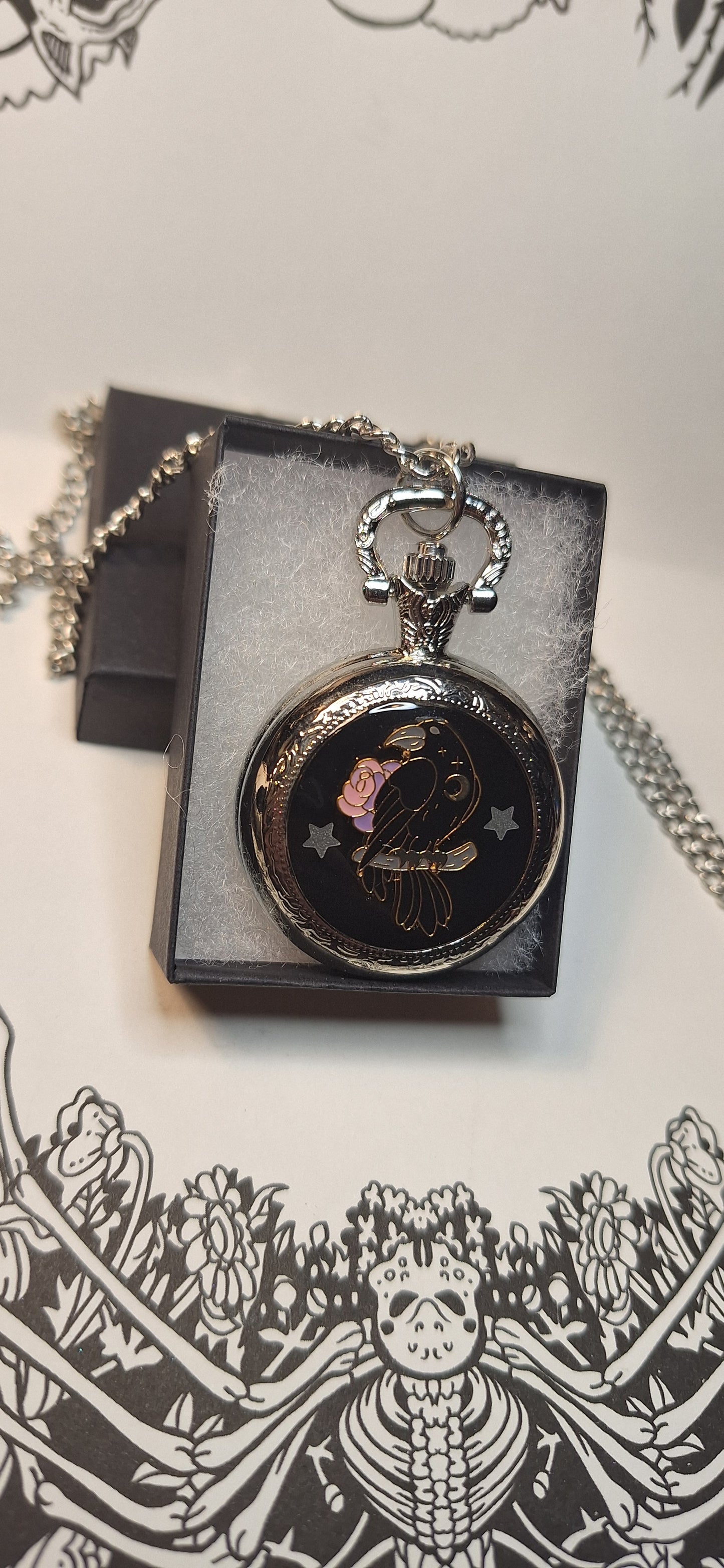 Working Raven Pocket Watch Necklace