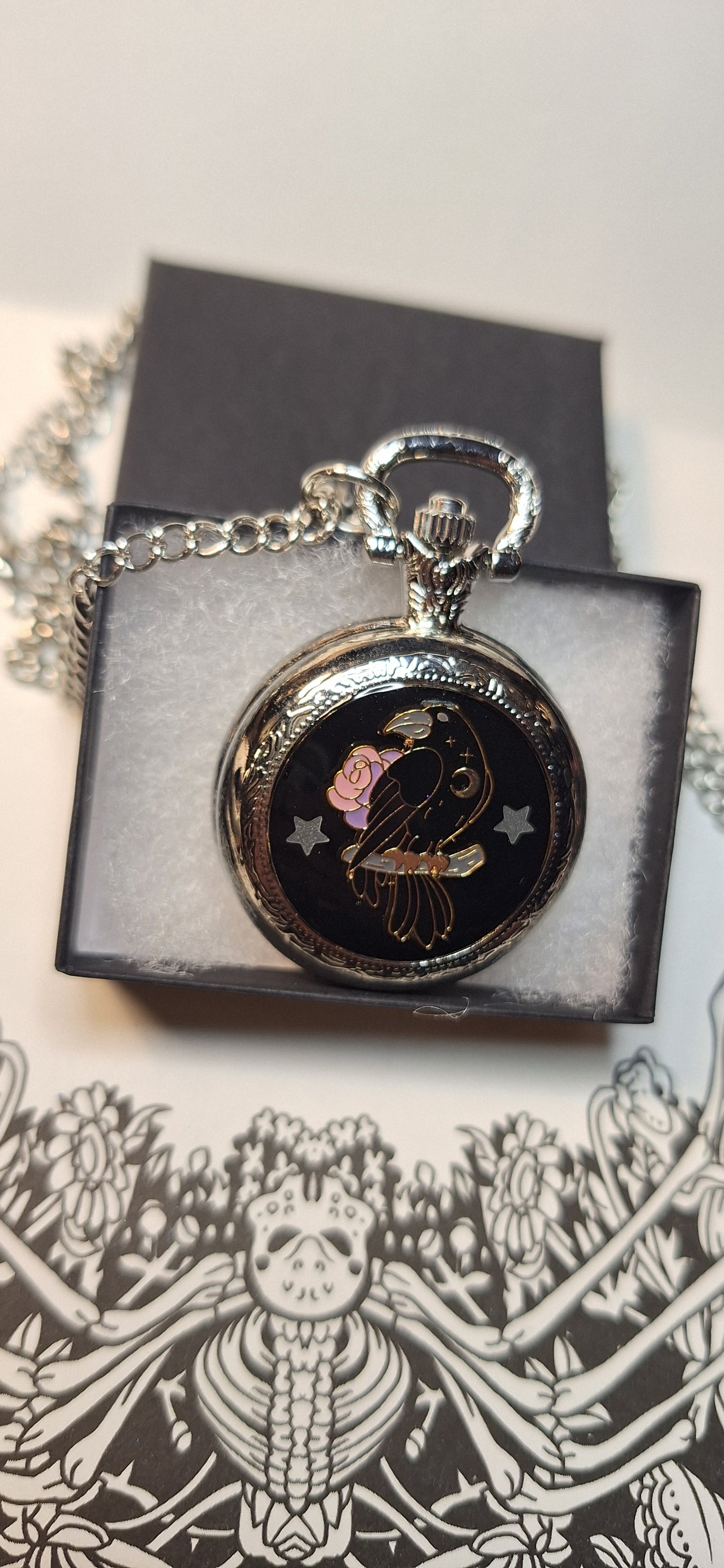 Working Raven Pocket Watch Necklace