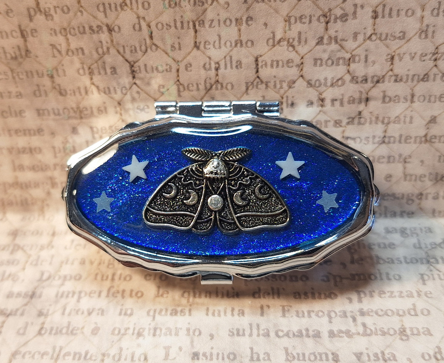 Lunar Moth Trinket / Pill Box Blue with Glow-in-the-Dark Stars