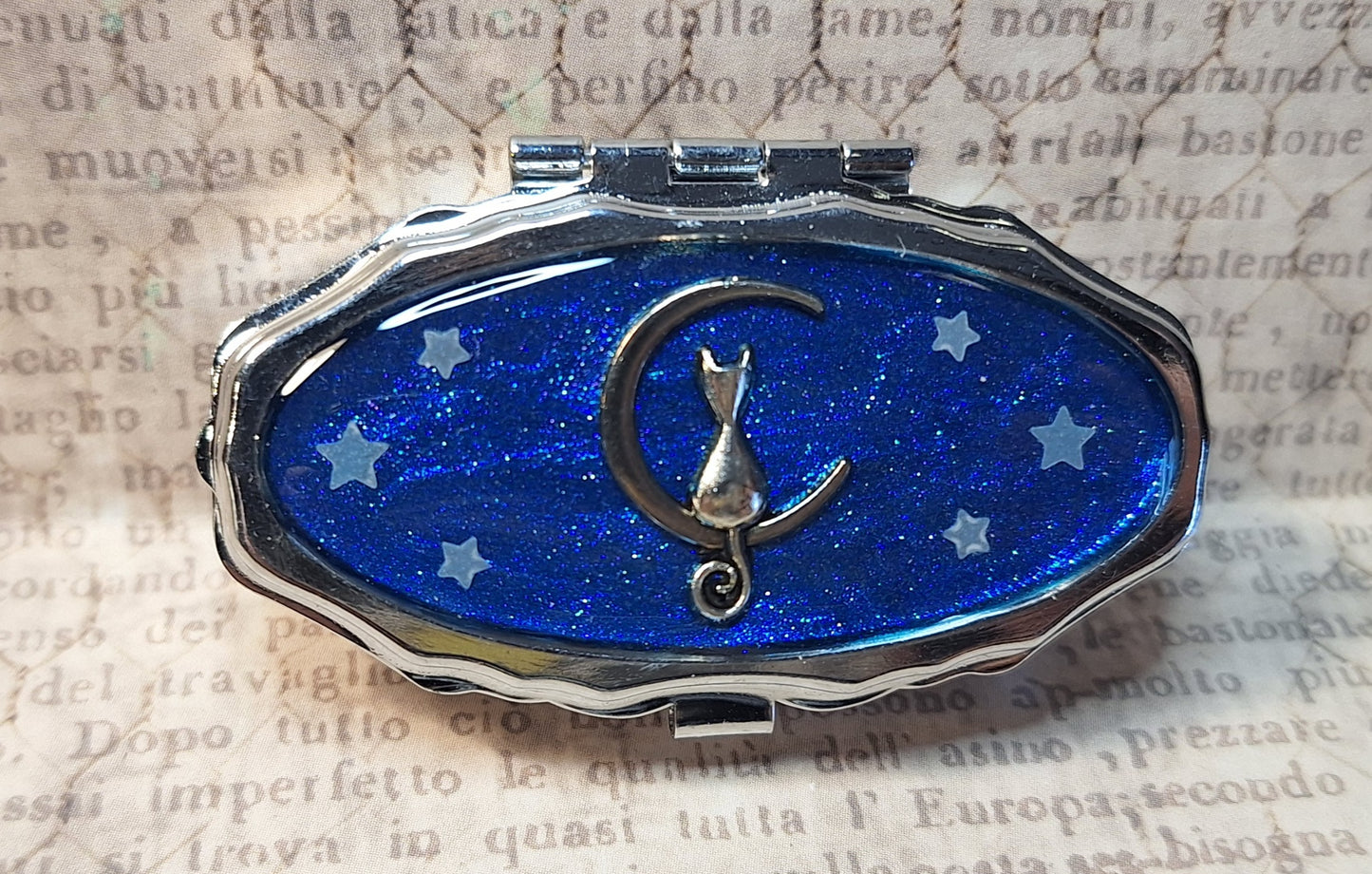 Cat Moon Trinket / Pill Box Glittery Blue with Glow in the Dark Stars