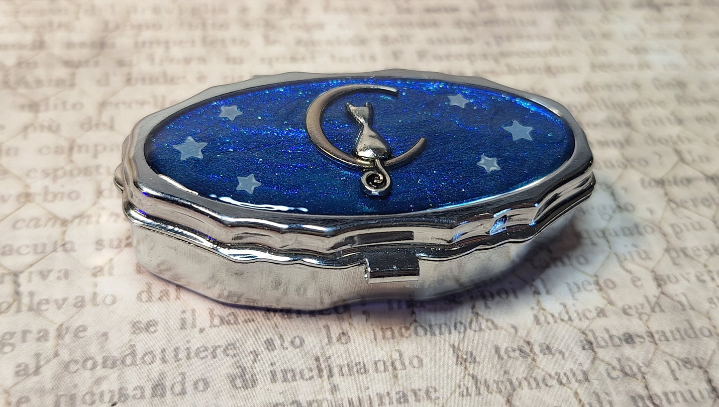 Cat Moon Trinket / Pill Box Glittery Blue with Glow in the Dark Stars