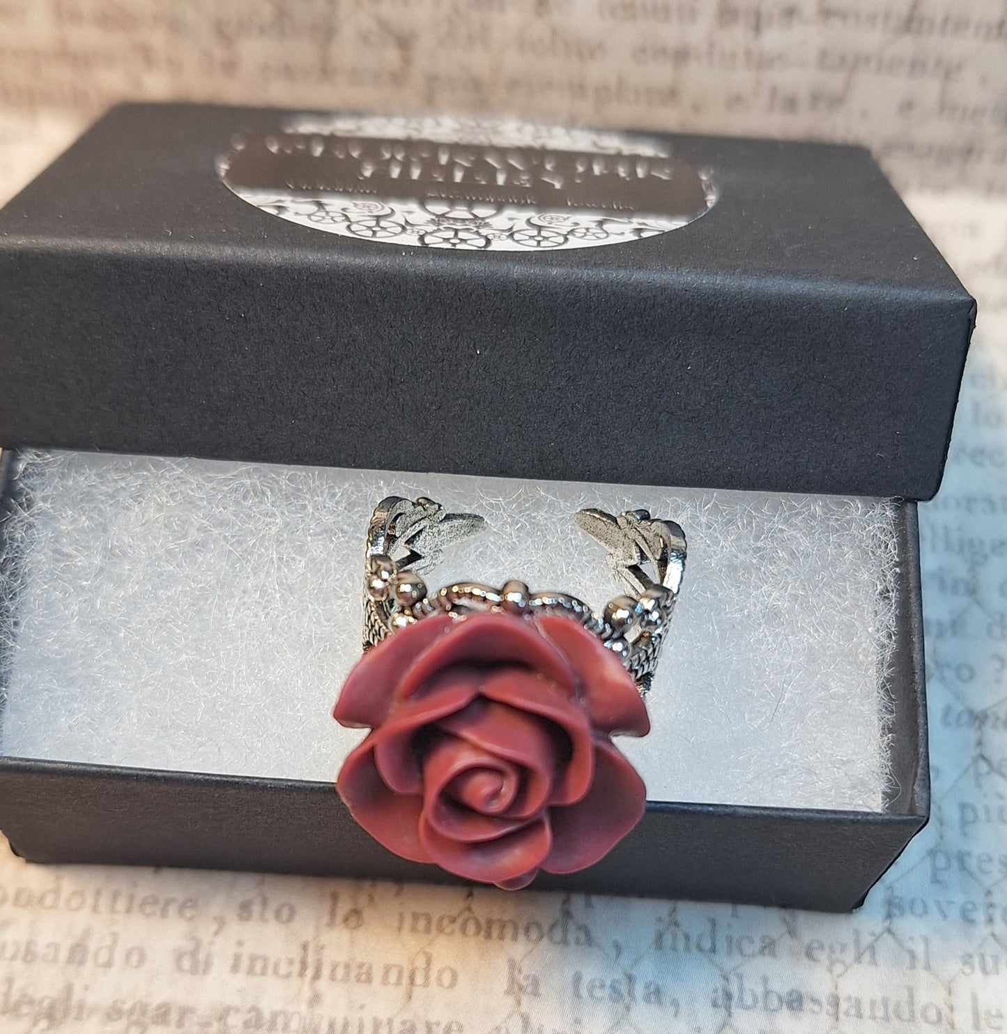 Red Rose Filigree Ring in Antique Silver