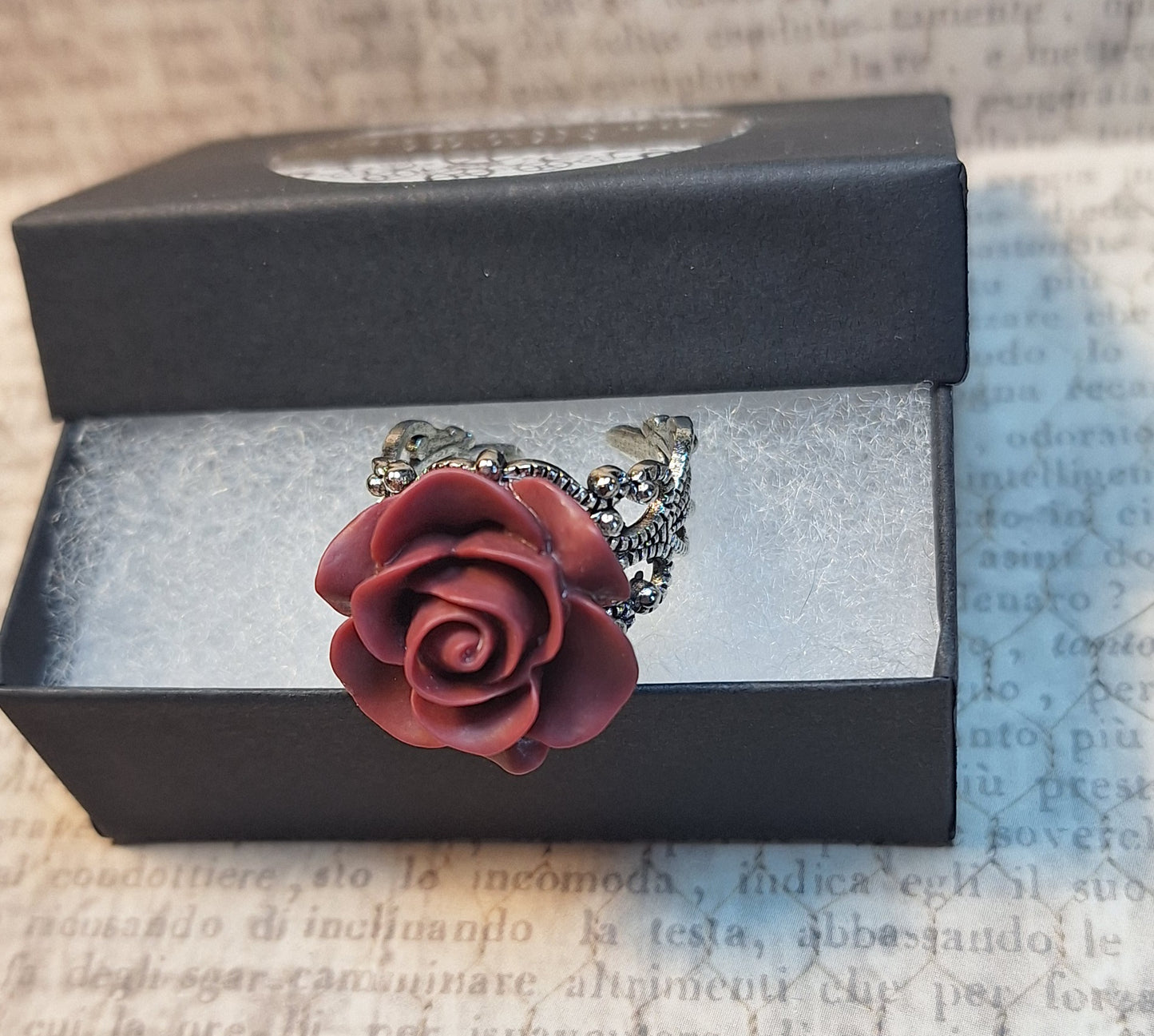 Red Rose Filigree Ring in Antique Silver