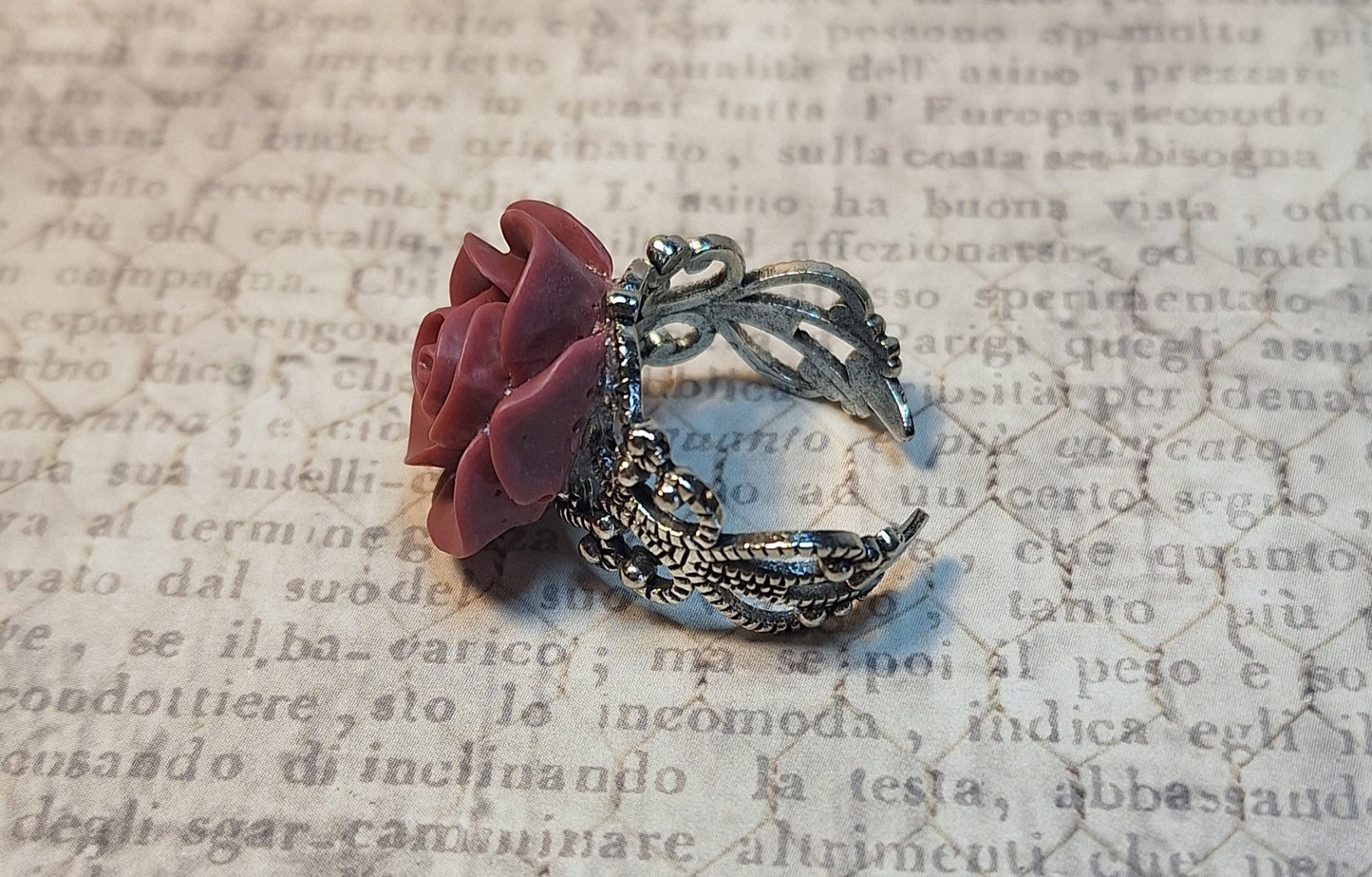 Red Rose Filigree Ring in Antique Silver