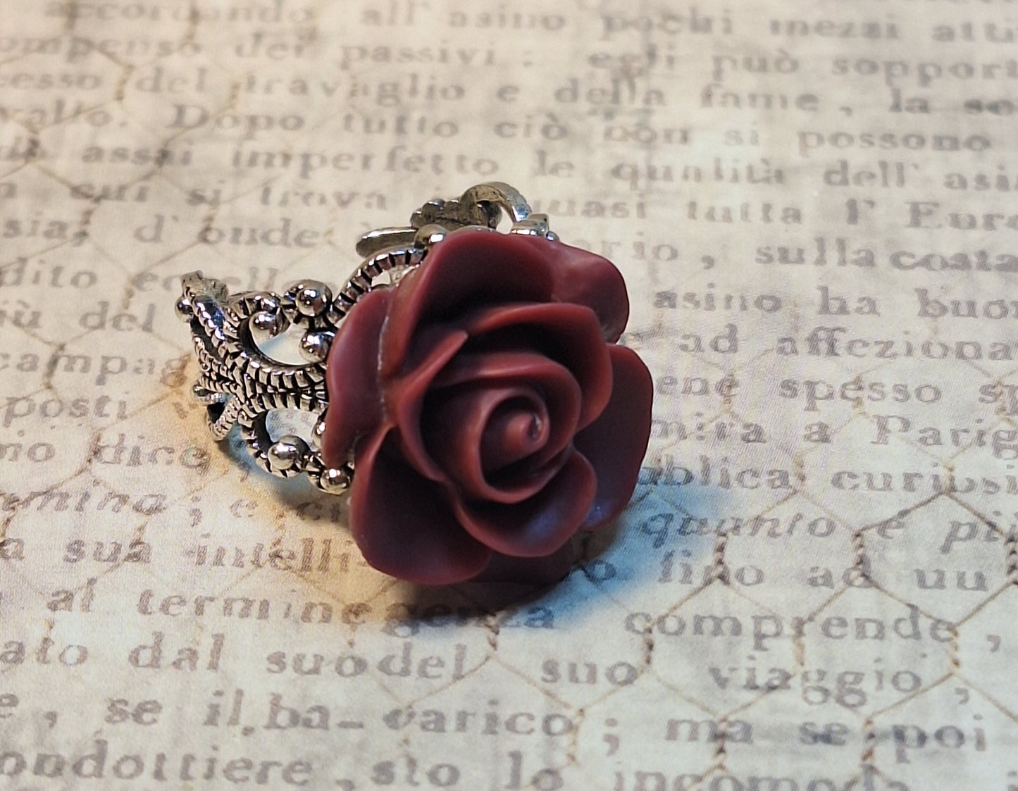 Red Rose Filigree Ring in Antique Silver