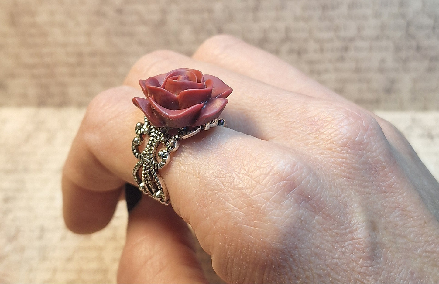 Red Rose Filigree Ring in Antique Silver