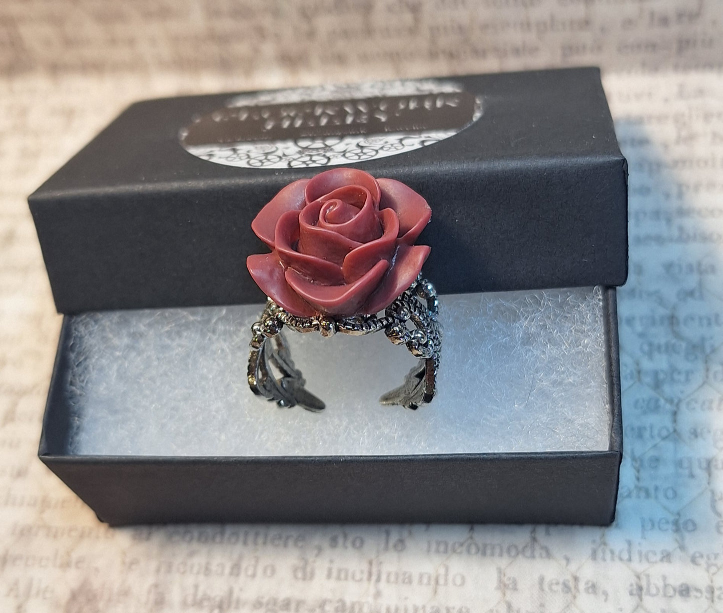Red Rose Filigree Ring in Antique Silver