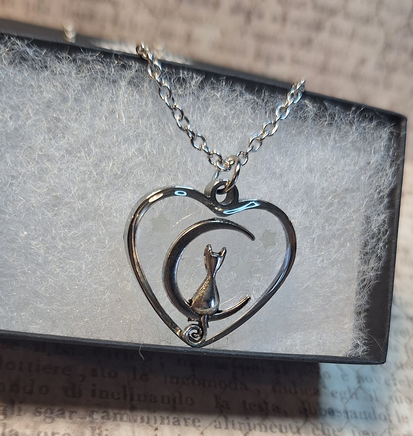 Cat Moon Transparent Heart with Glow in the Dark Stars Necklace