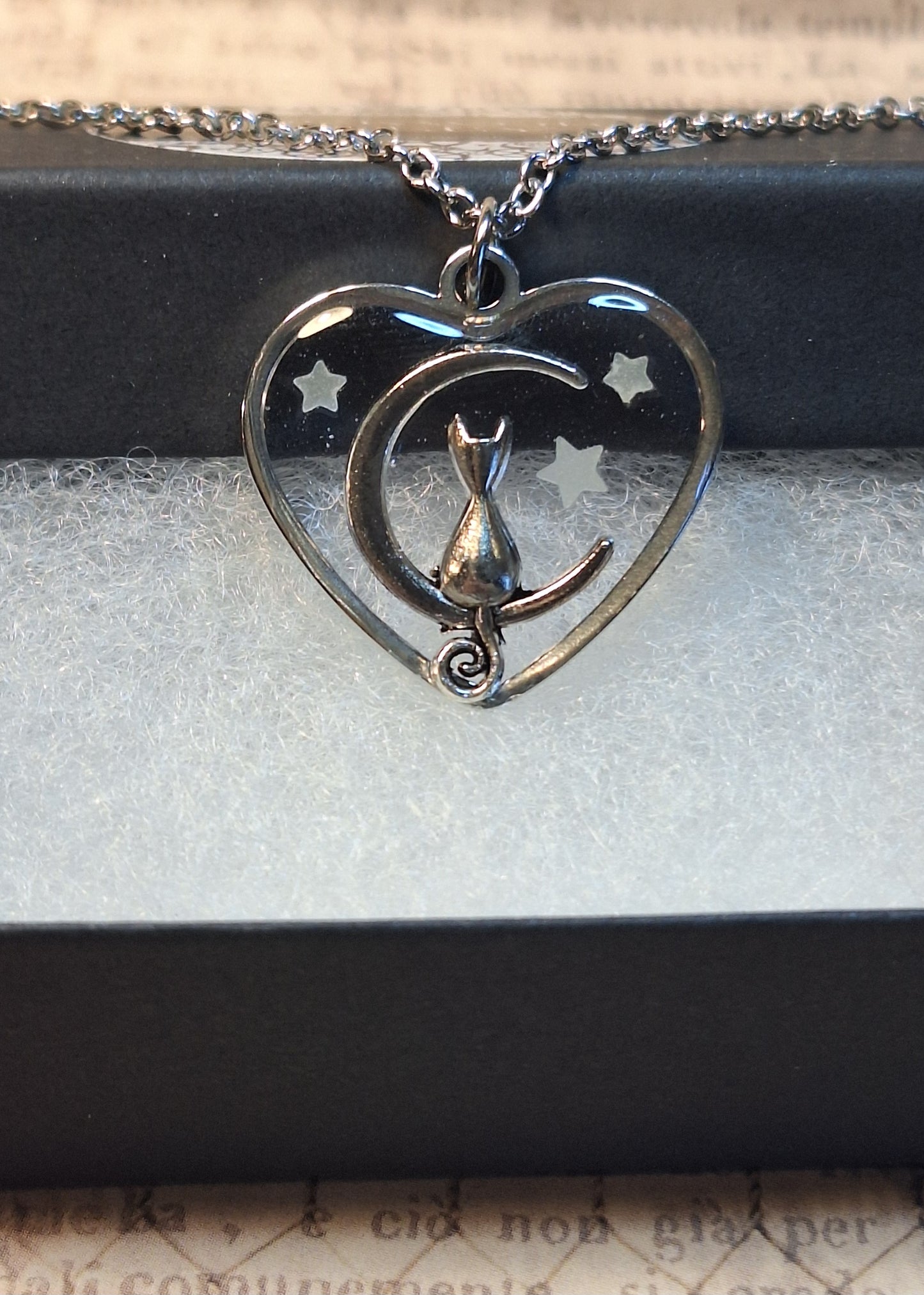 Cat Moon Transparent Heart with Glow in the Dark Stars Necklace