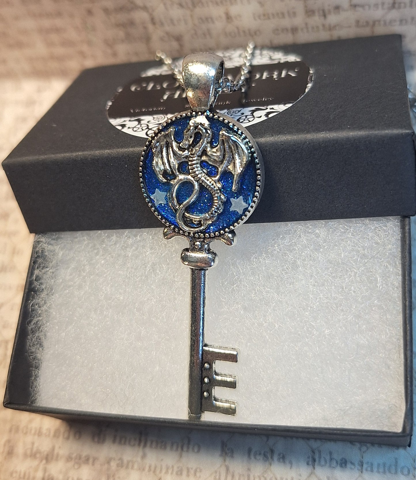 Ornate Dragon Key Pendant Necklace with Glow in the Dark Stars