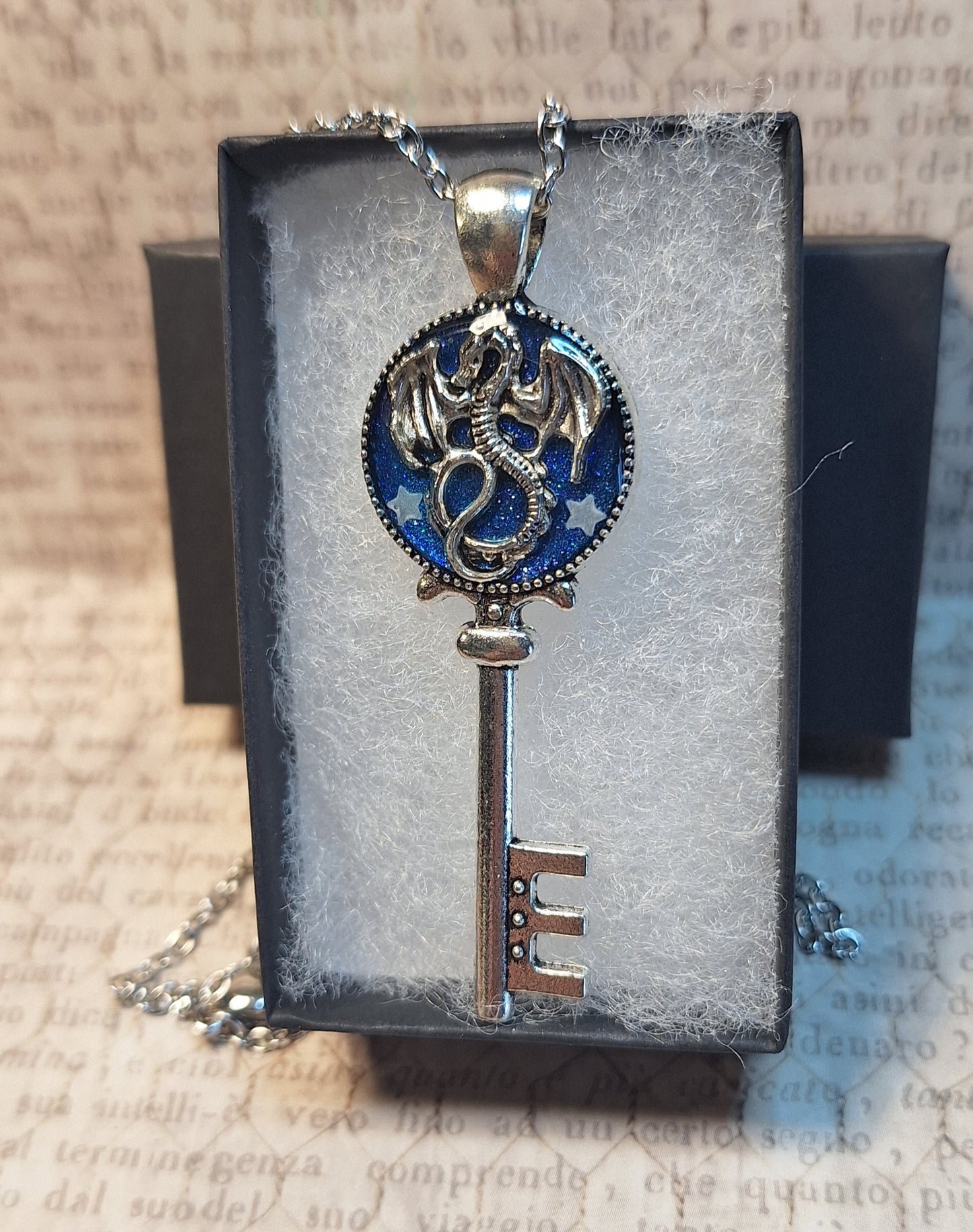 Ornate Dragon Key Pendant Necklace with Glow in the Dark Stars