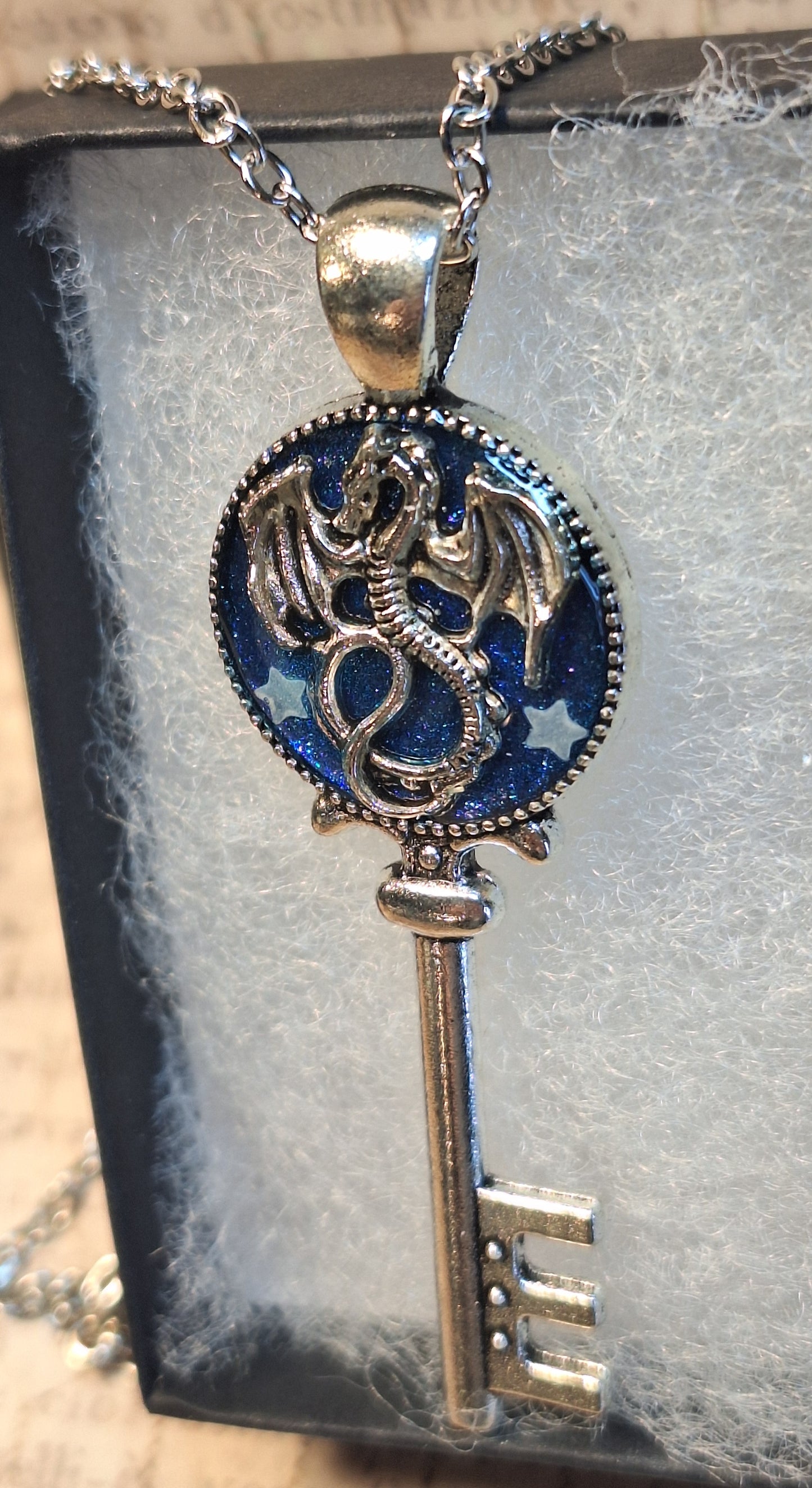 Ornate Dragon Key Pendant Necklace with Glow in the Dark Stars