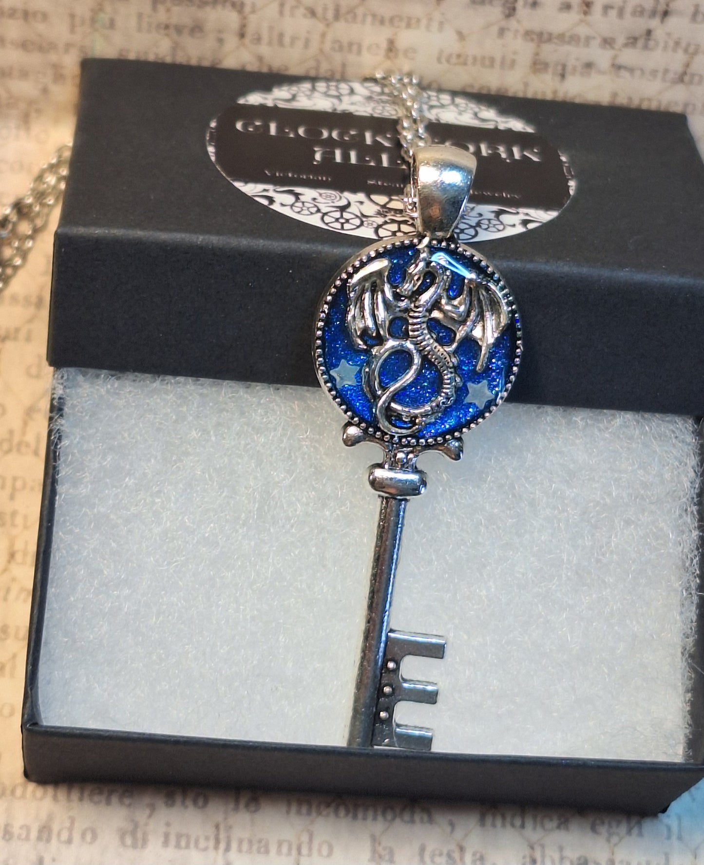 Ornate Dragon Key Pendant Necklace with Glow in the Dark Stars