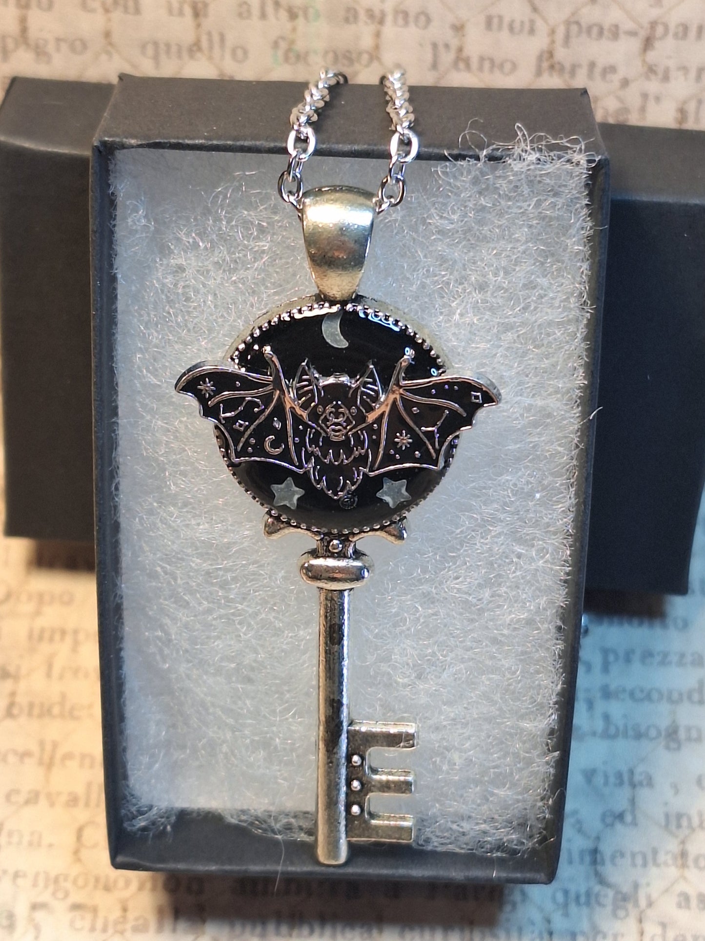 Ornate Luner Bat with Glow in the Dark Stars Key Necklace