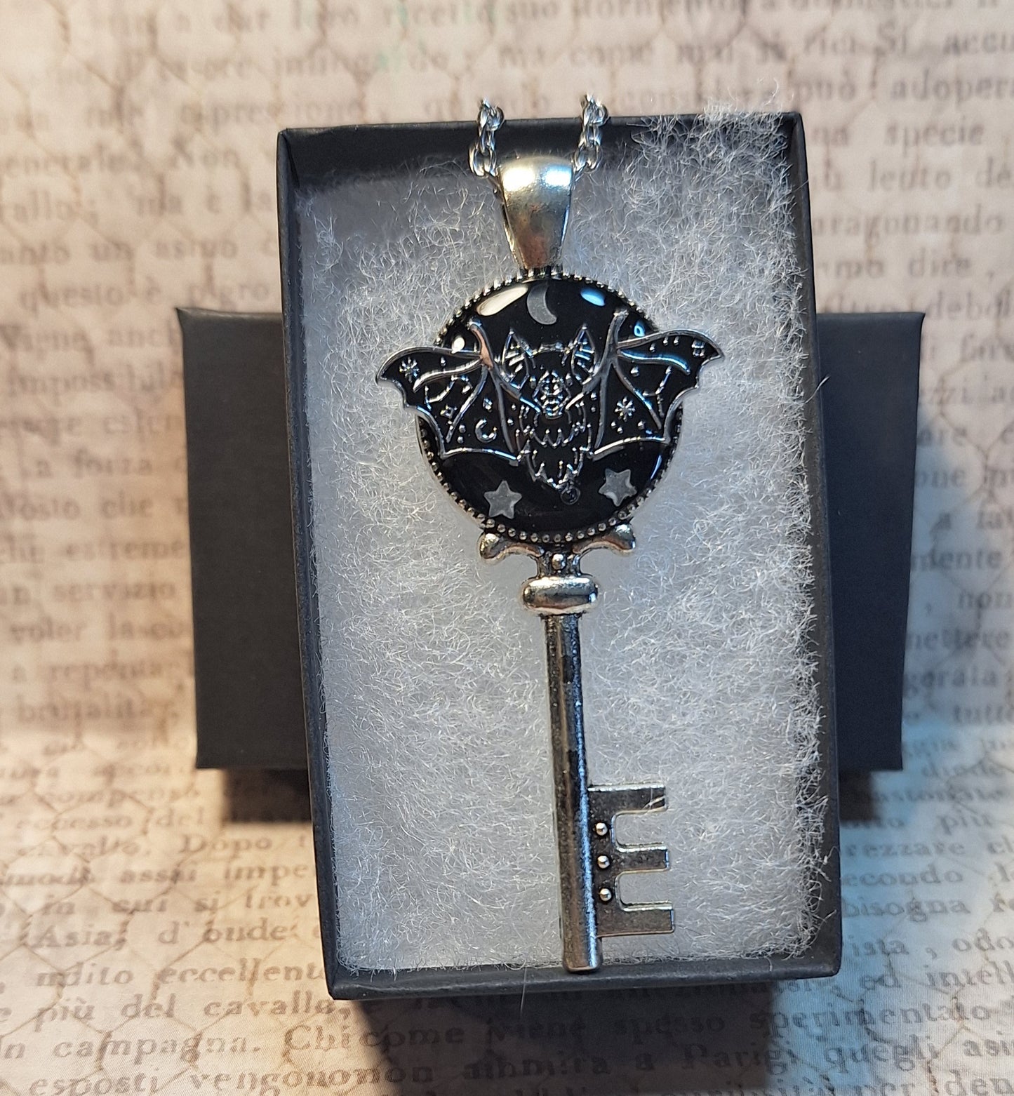Ornate Luner Bat with Glow in the Dark Stars Key Necklace