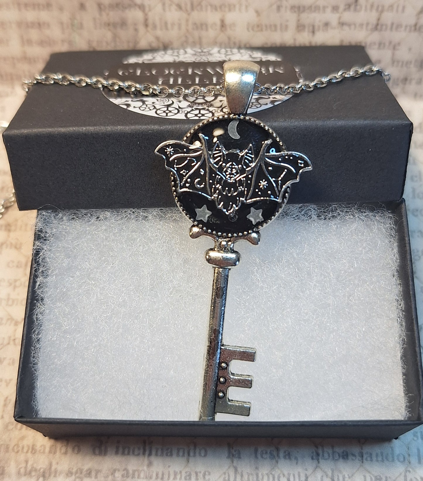 Ornate Luner Bat with Glow in the Dark Stars Key Necklace