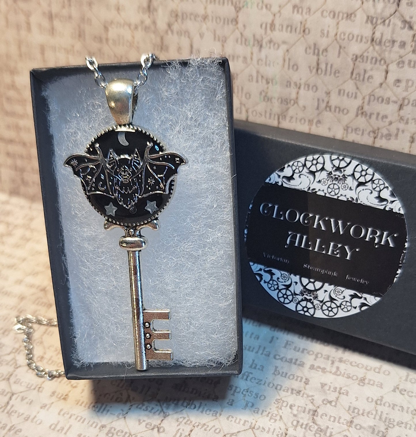 Ornate Luner Bat with Glow in the Dark Stars Key Necklace