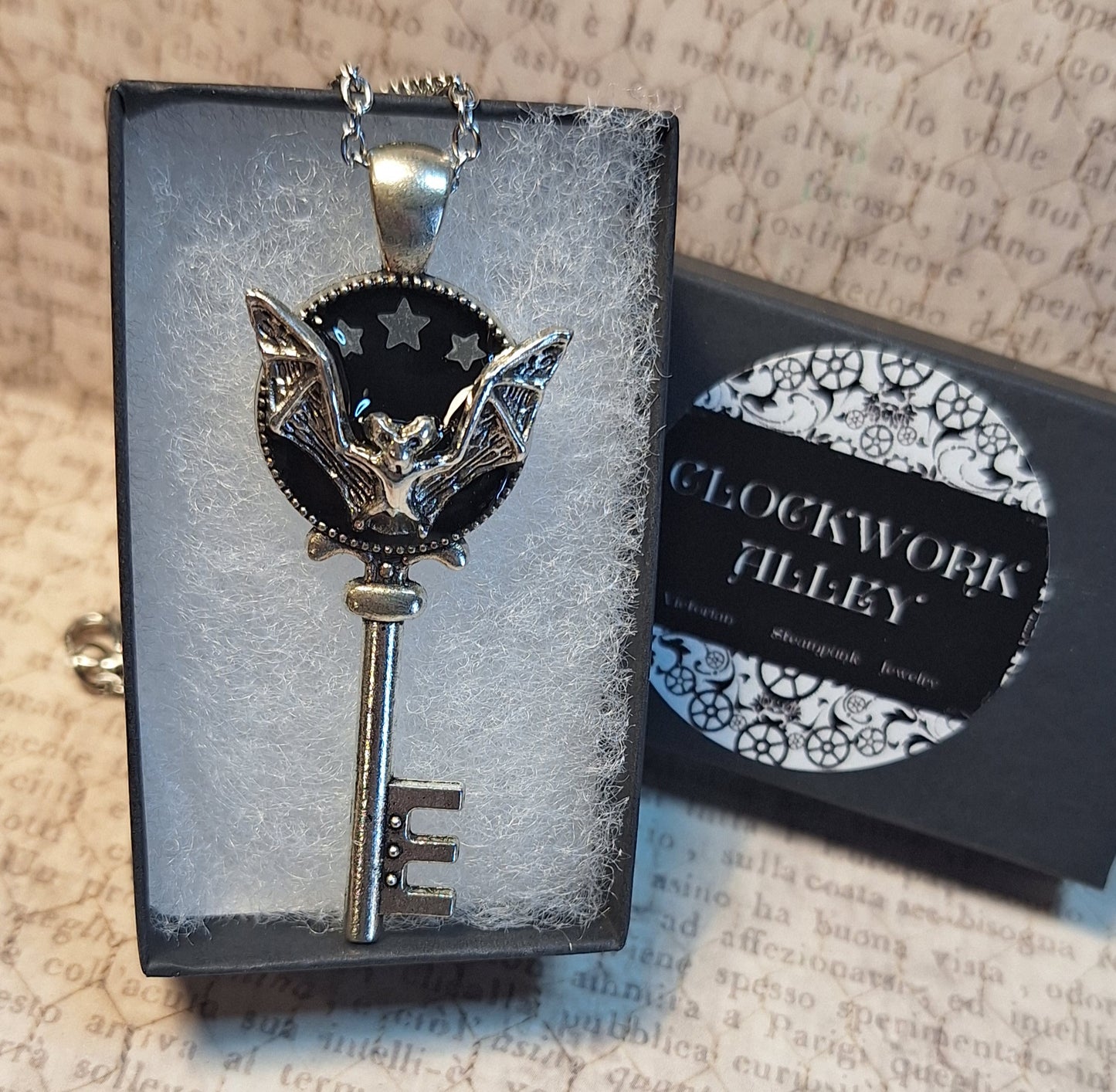Ornate 3D Bat Key with Glow in the Dark Stars Pendant Necklace