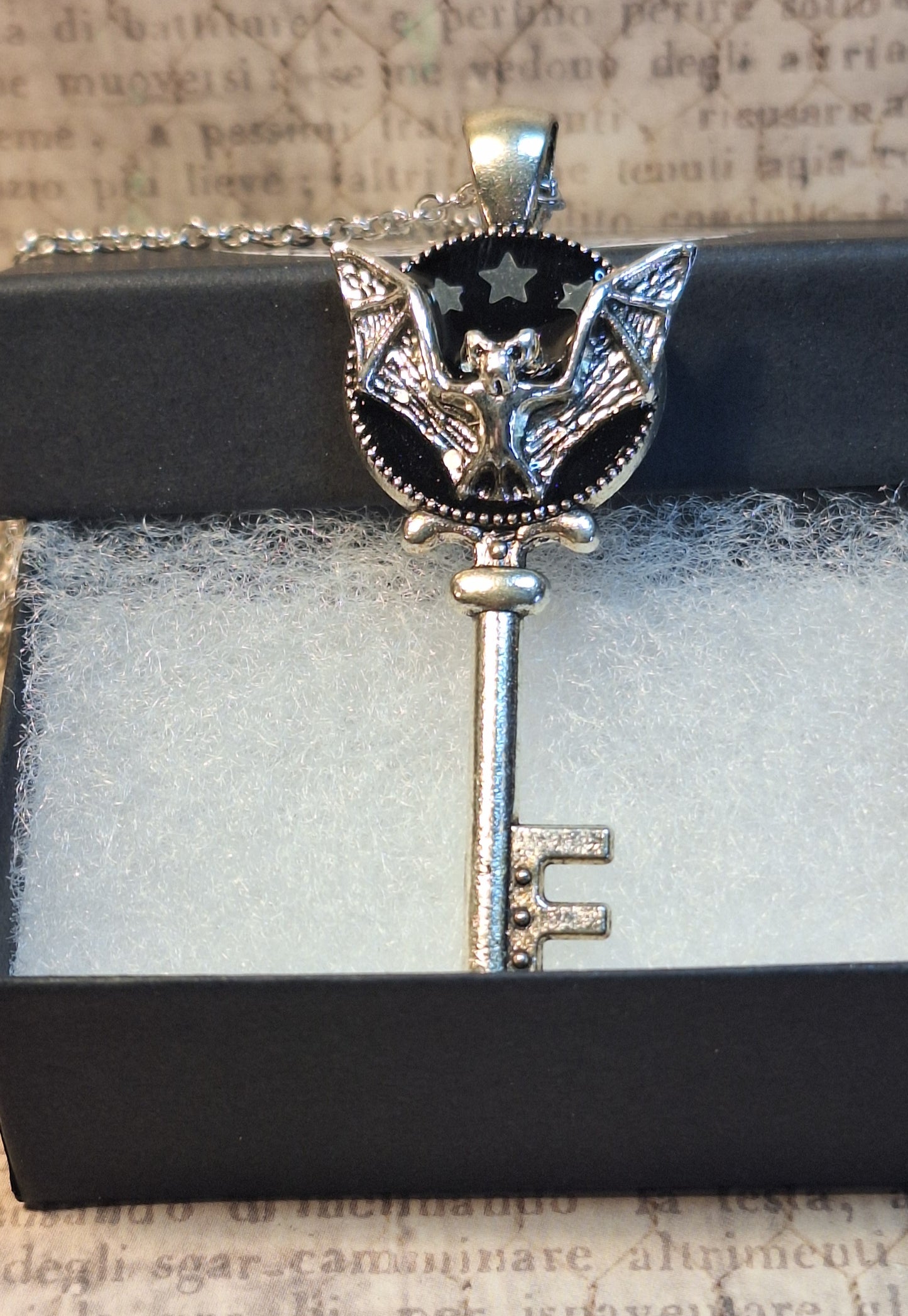 Ornate 3D Bat Key with Glow in the Dark Stars Pendant Necklace