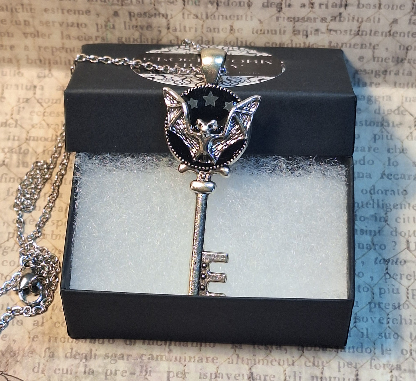 Ornate 3D Bat Key with Glow in the Dark Stars Pendant Necklace