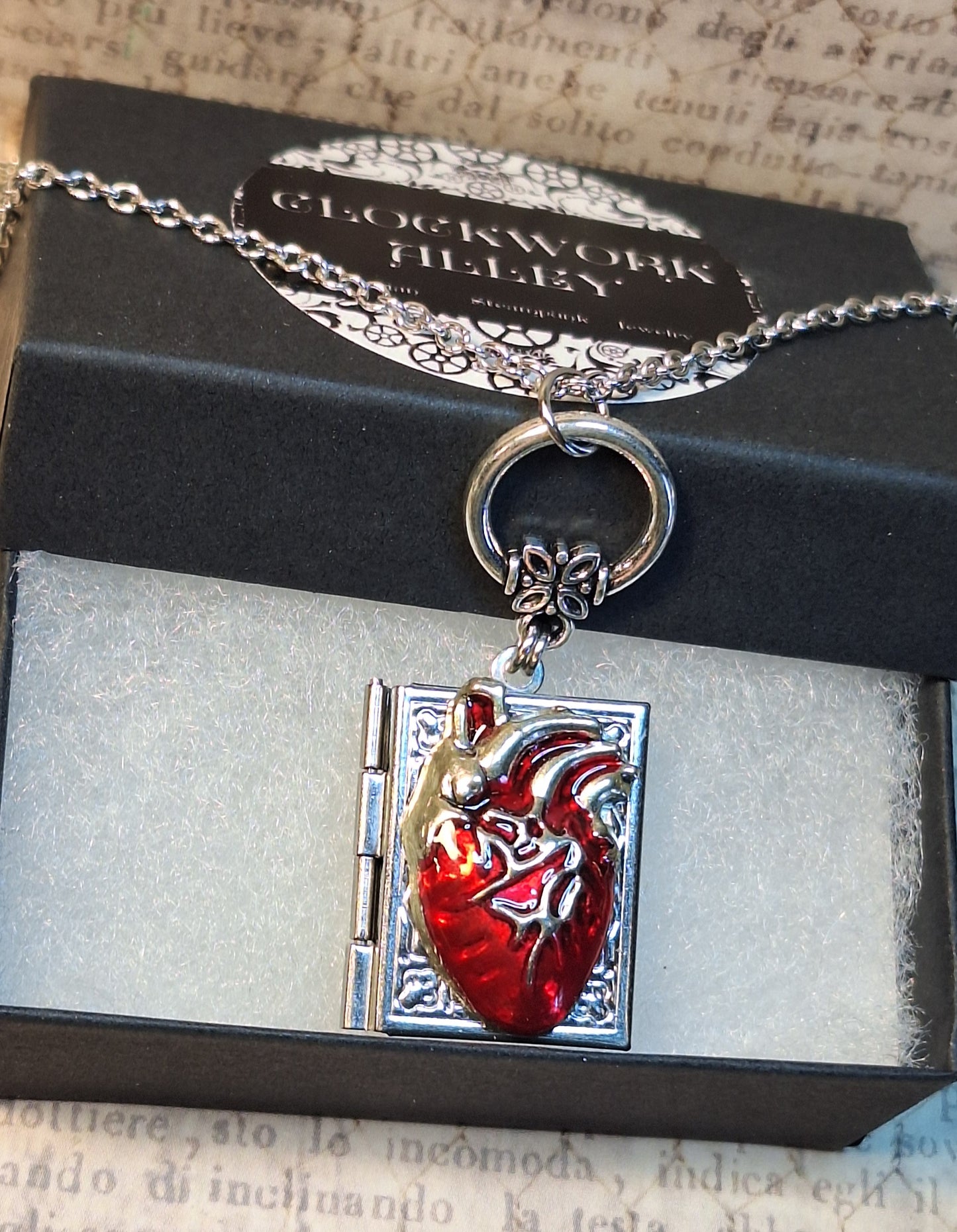 Red Anotomical Heart Book Locket Necklace