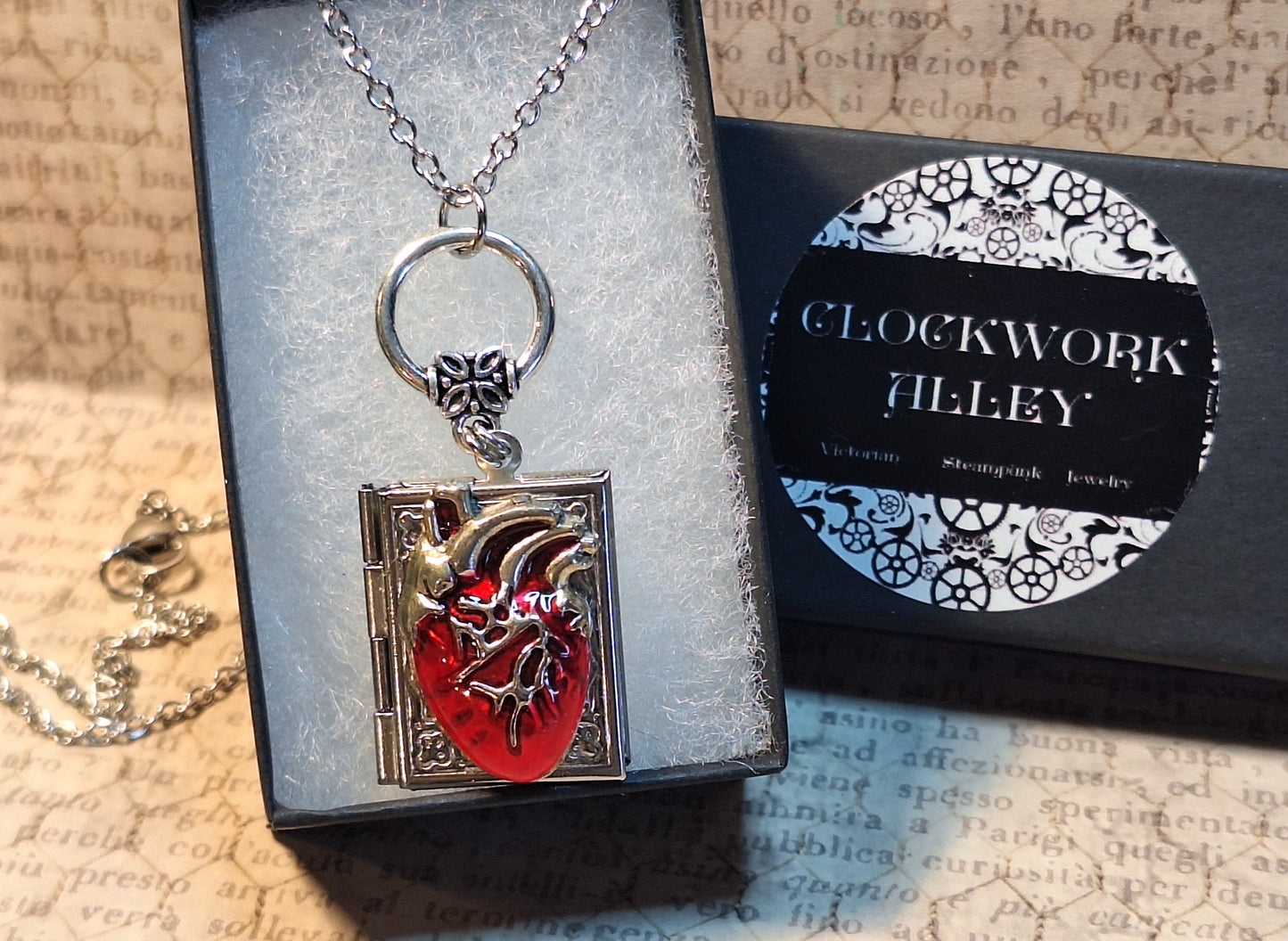 Red Anotomical Heart Book Locket Necklace