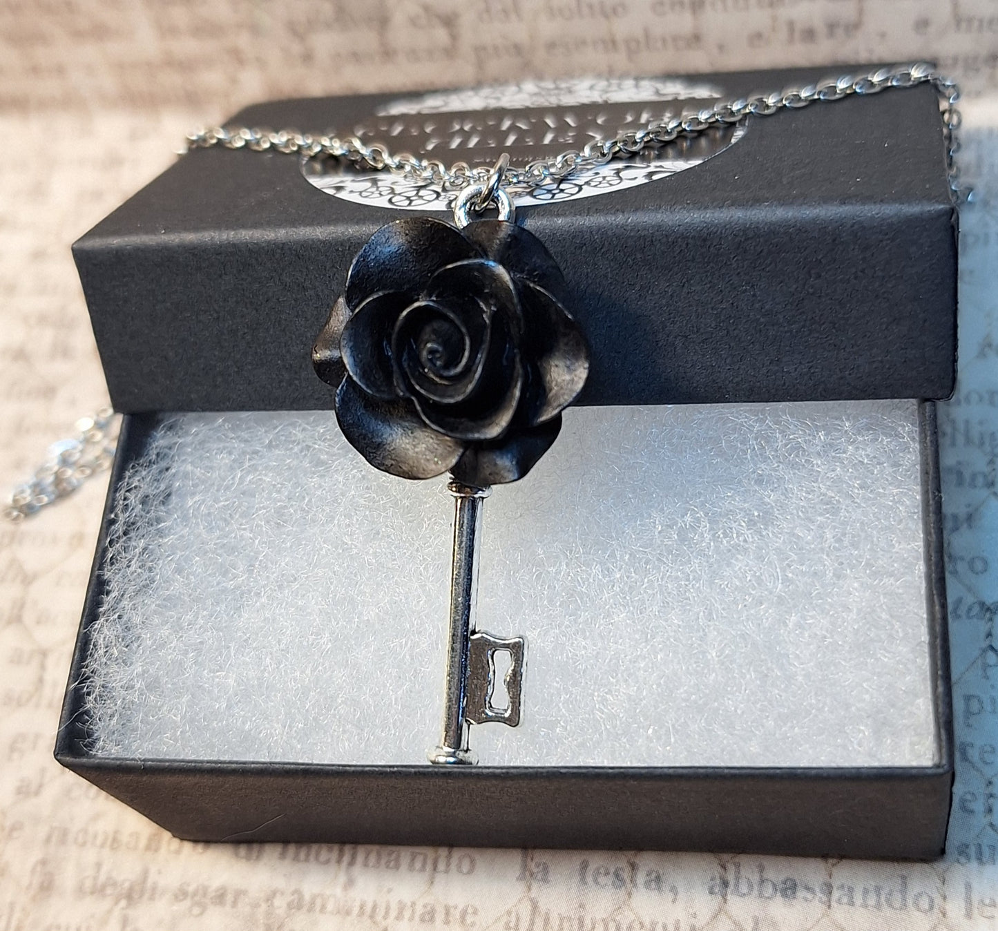 Black Rose Skeleton Key Necklace