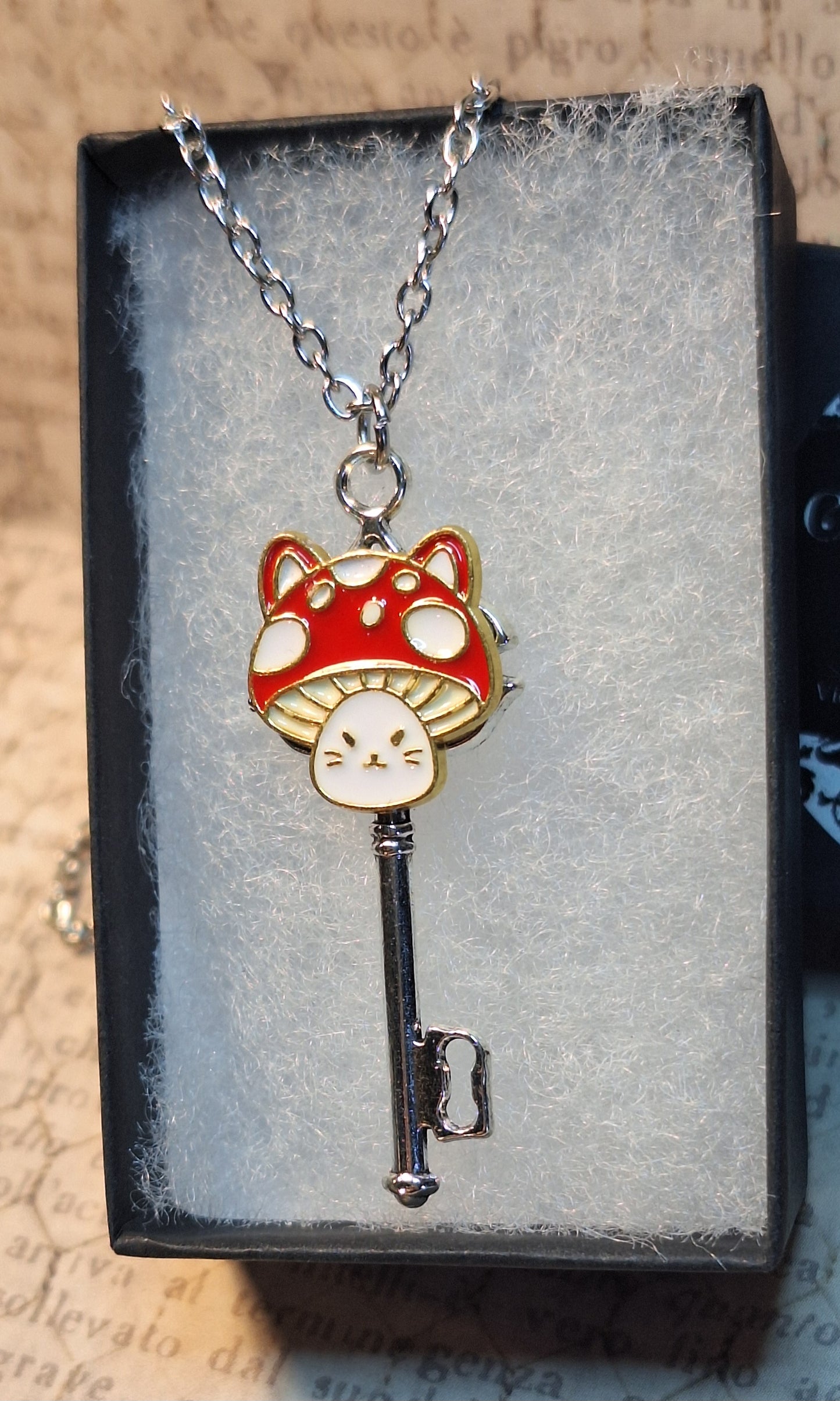 Mushroom Cat Skeleton Key Necklace