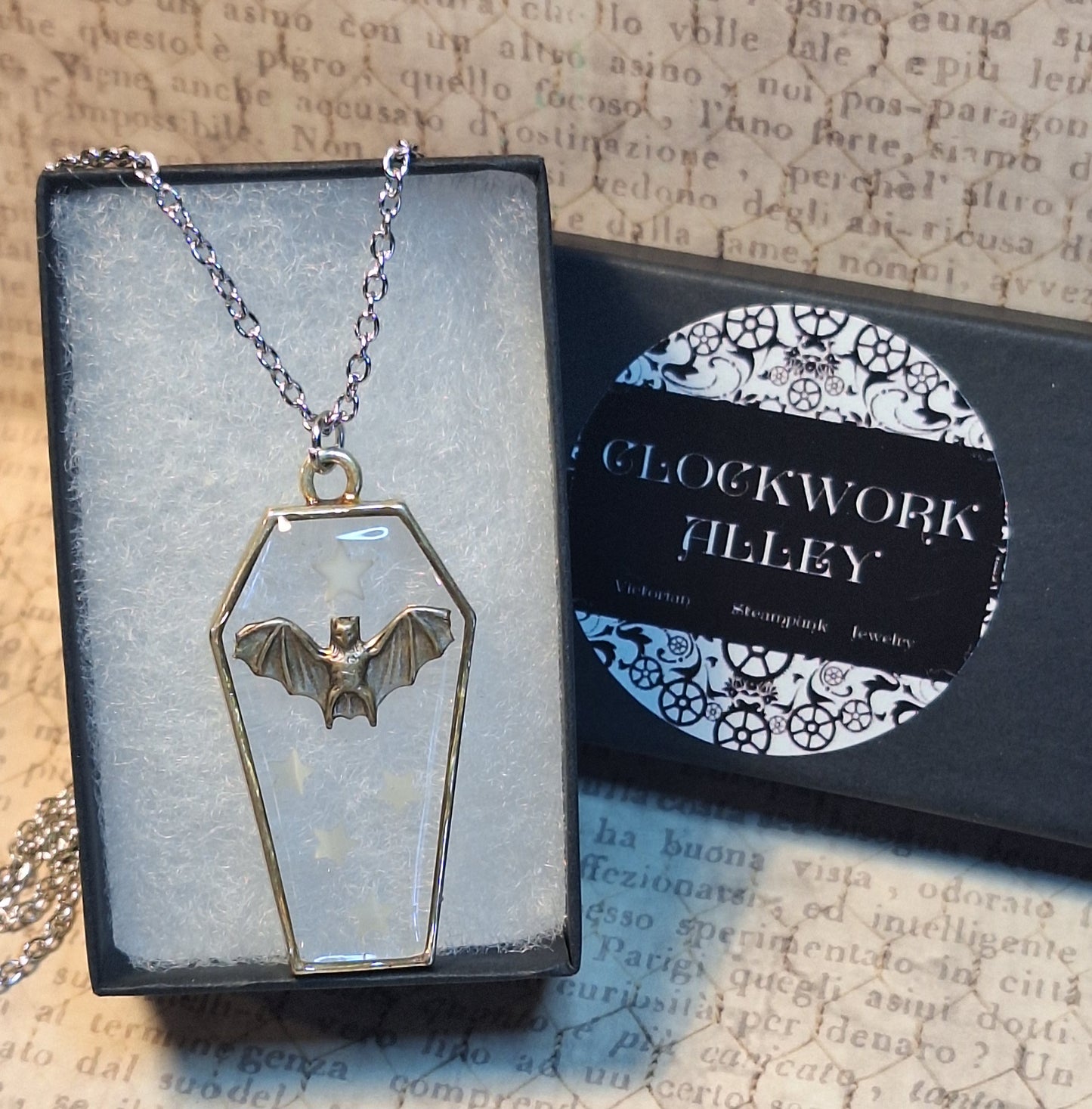 Coffin Bat with glow-in-the-dark Stars Pendant Necklace