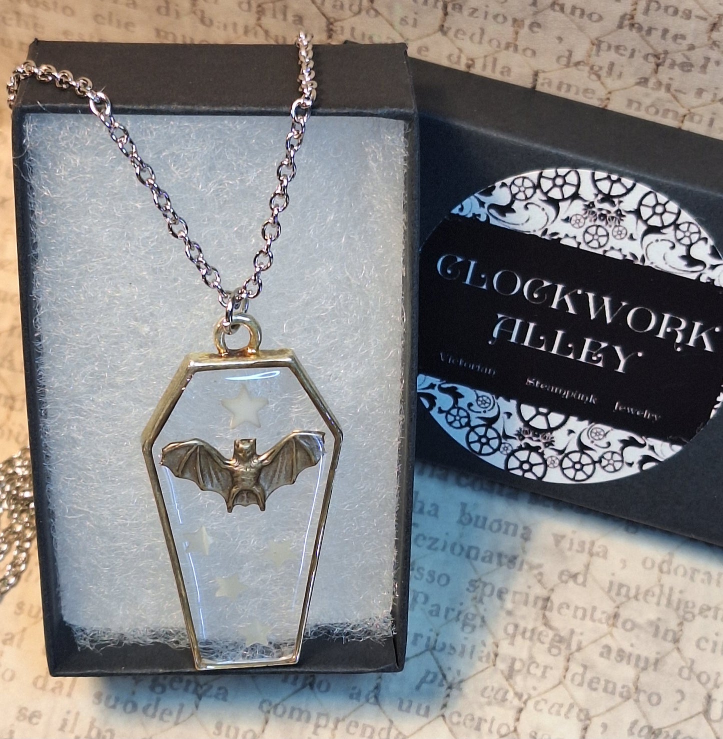 Coffin Bat with glow-in-the-dark Stars Pendant Necklace