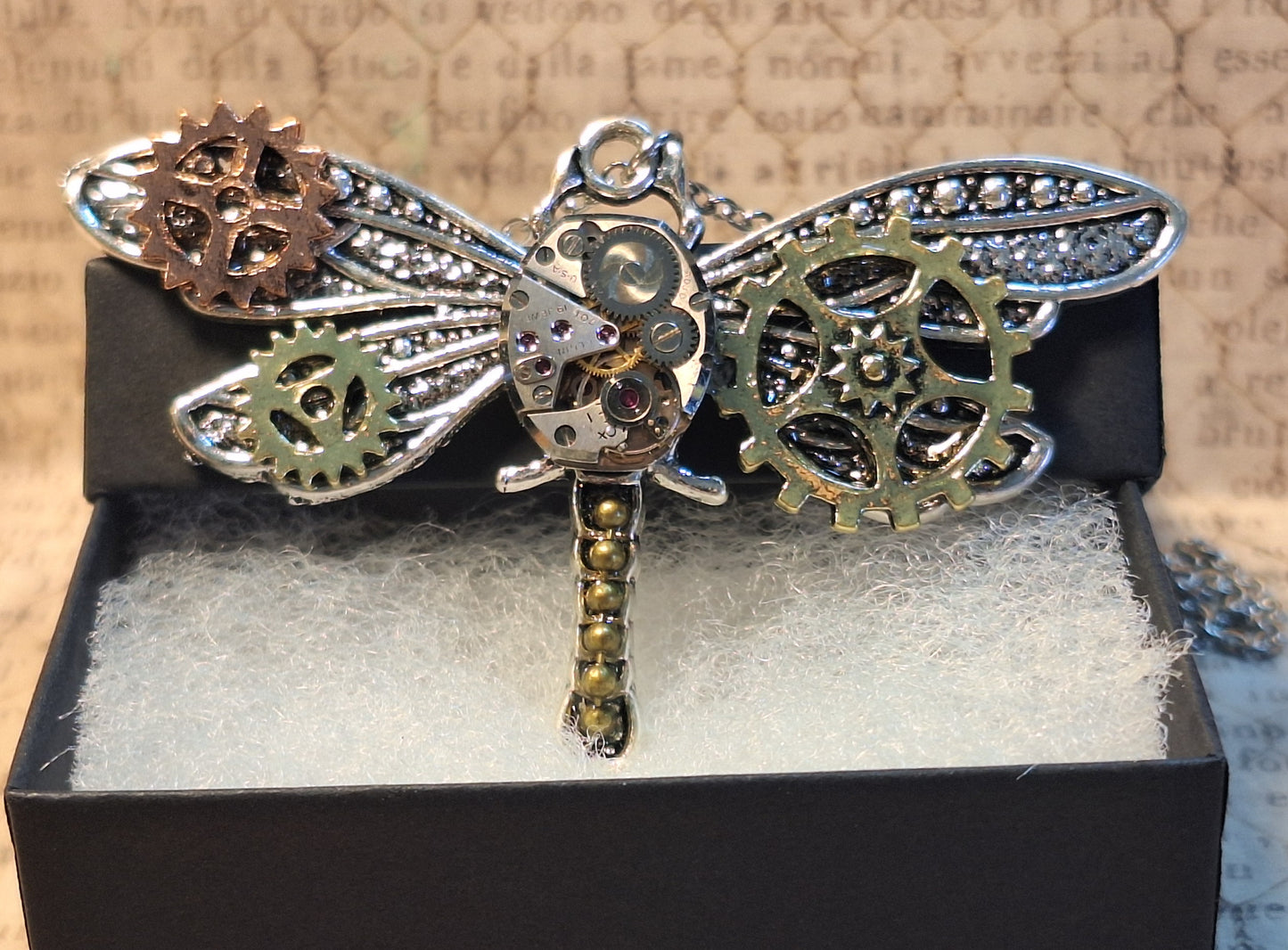 Large Steampunk Dragonfly Watch Movement Pendant Necklace