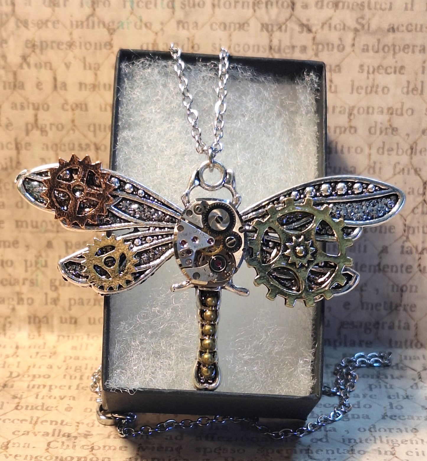 Large Steampunk Dragonfly Watch Movement Pendant Necklace