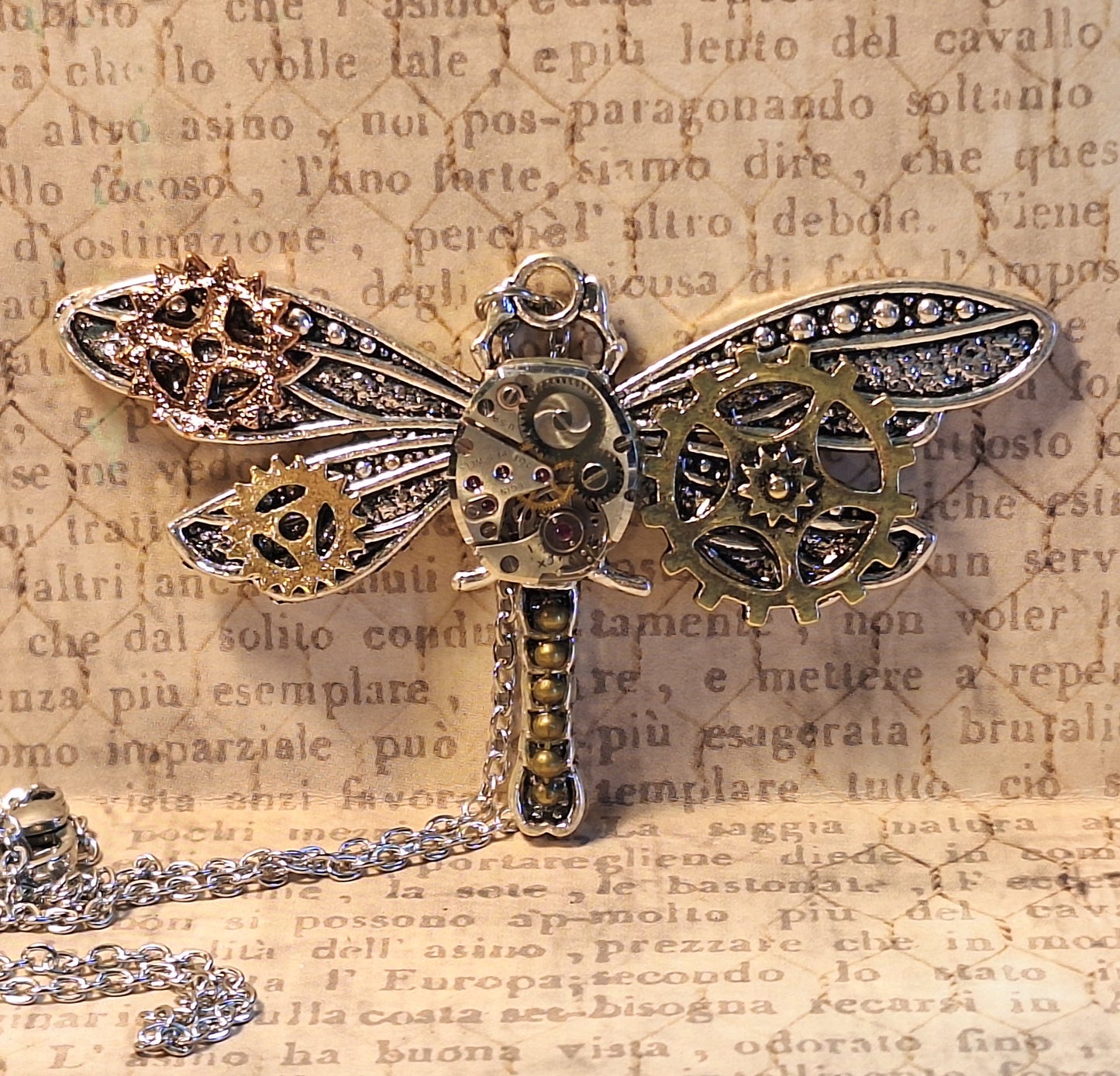 Large Steampunk Dragonfly Watch Movement Pendant Necklace