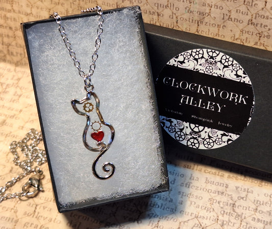 Small Steampunk Cat Pendant Necklace