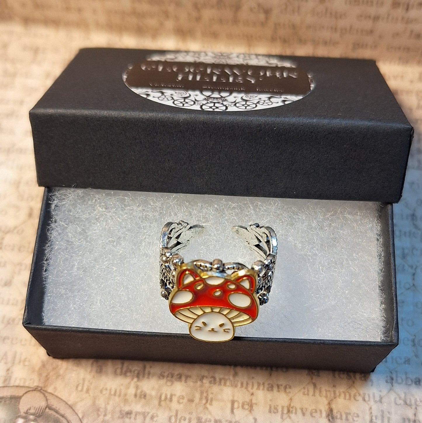 Mushroom Cat Filigree Adjustable Ring
