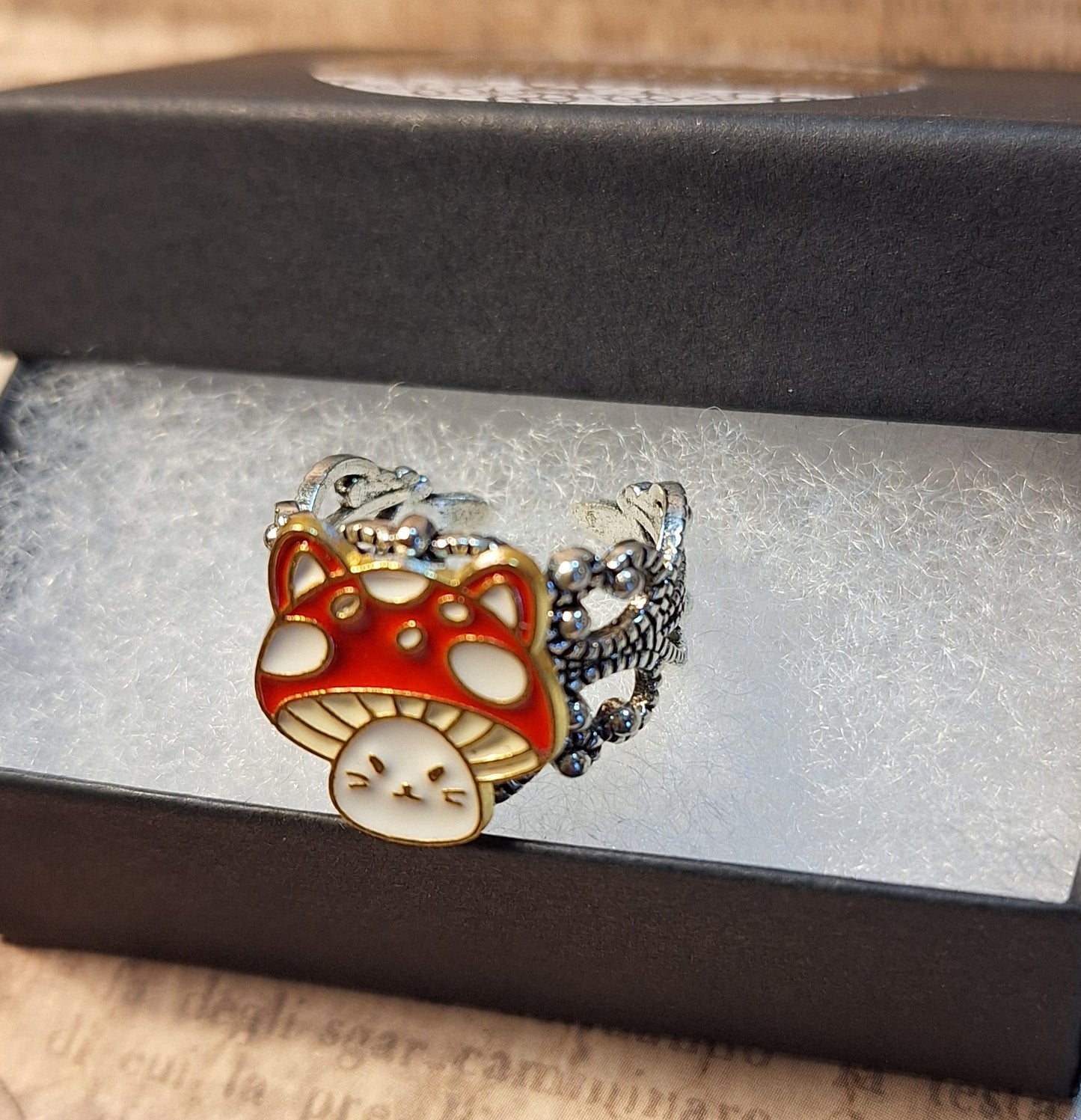 Mushroom Cat Filigree Adjustable Ring