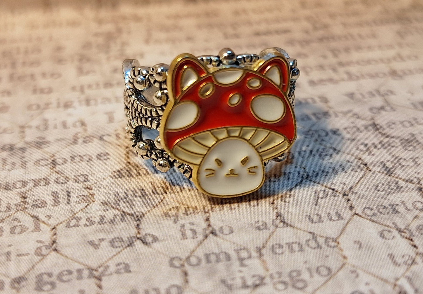 Mushroom Cat Filigree Adjustable Ring