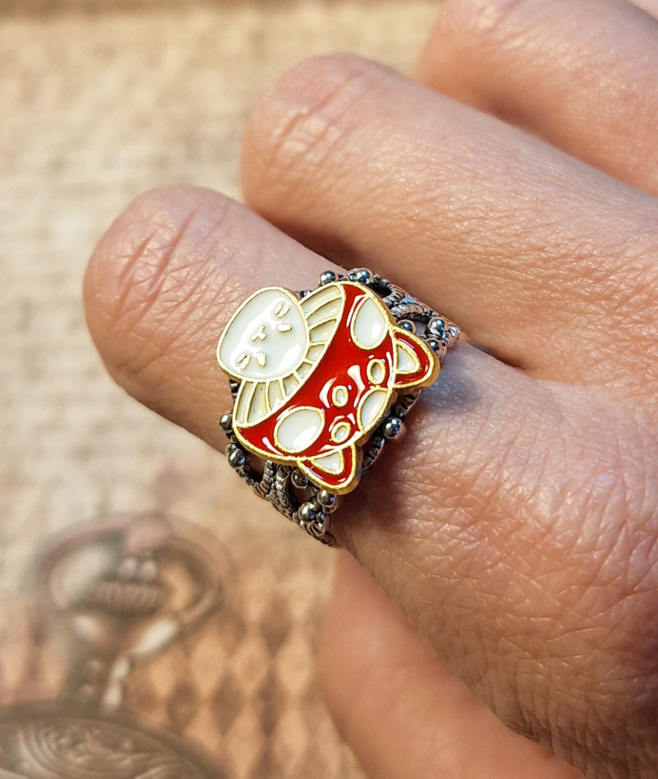 Mushroom Cat Filigree Adjustable Ring