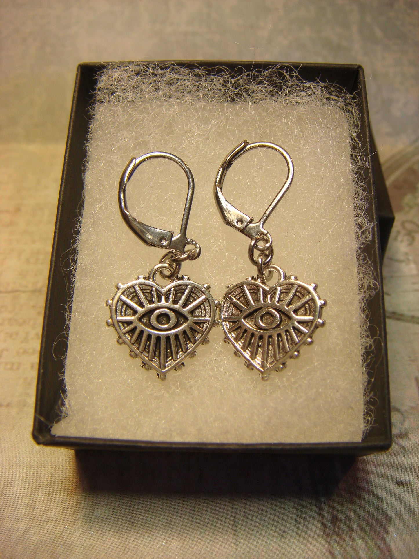 Eye Heart Dangle Earrings in Antique Silver