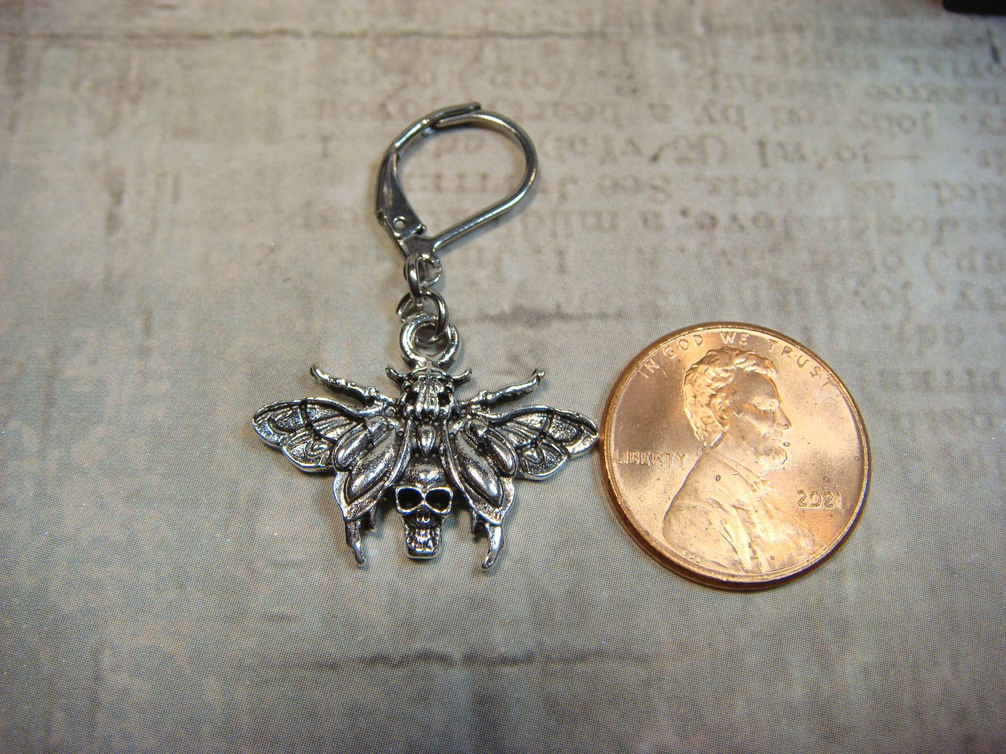 Moth Skull Dangle Earrings in Antique Silver