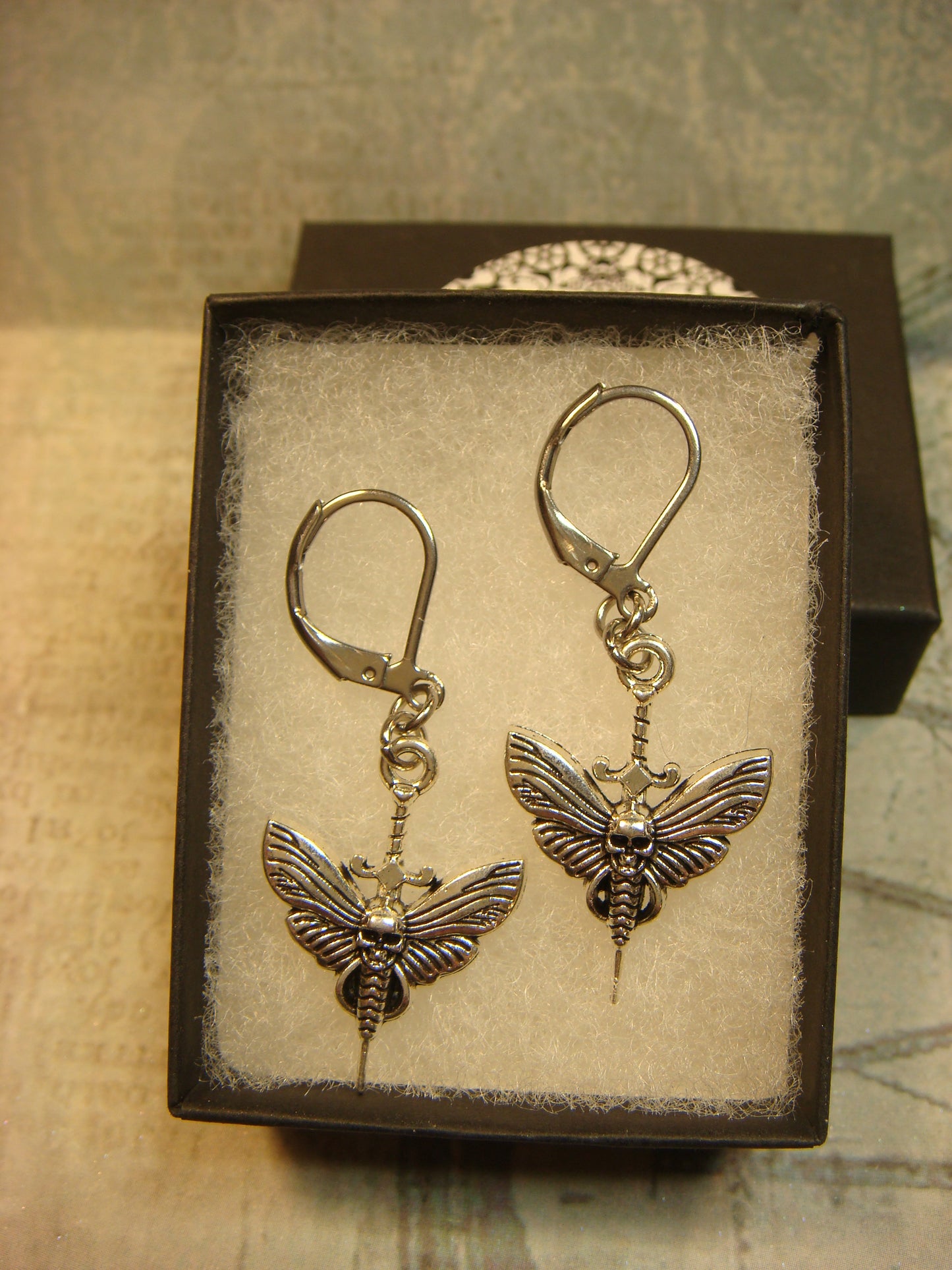 Moth Skull Dagger Dangle Earrings in Antique Silver