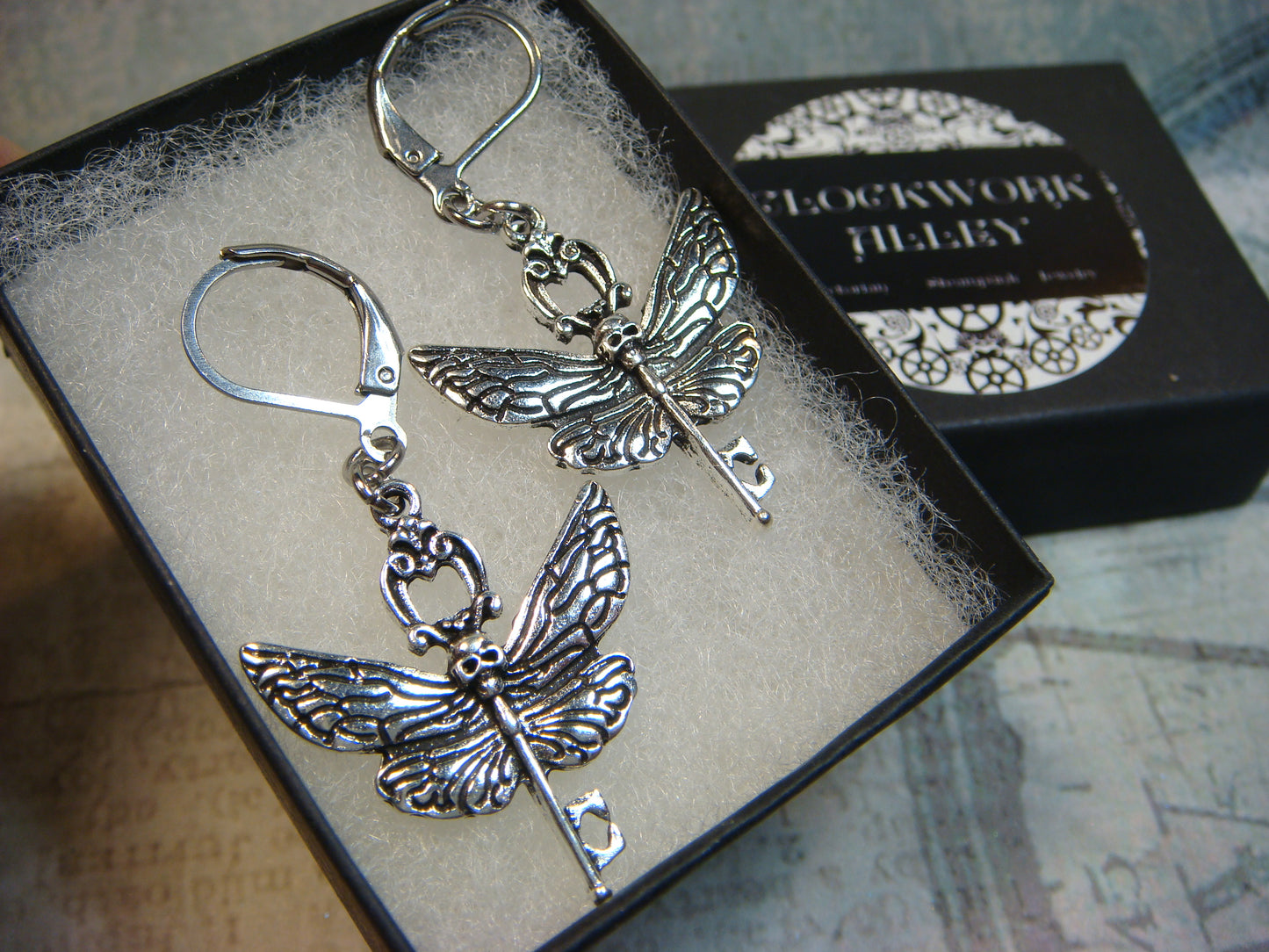 Moth Skull Key Dangle Earrings in Antique Silver