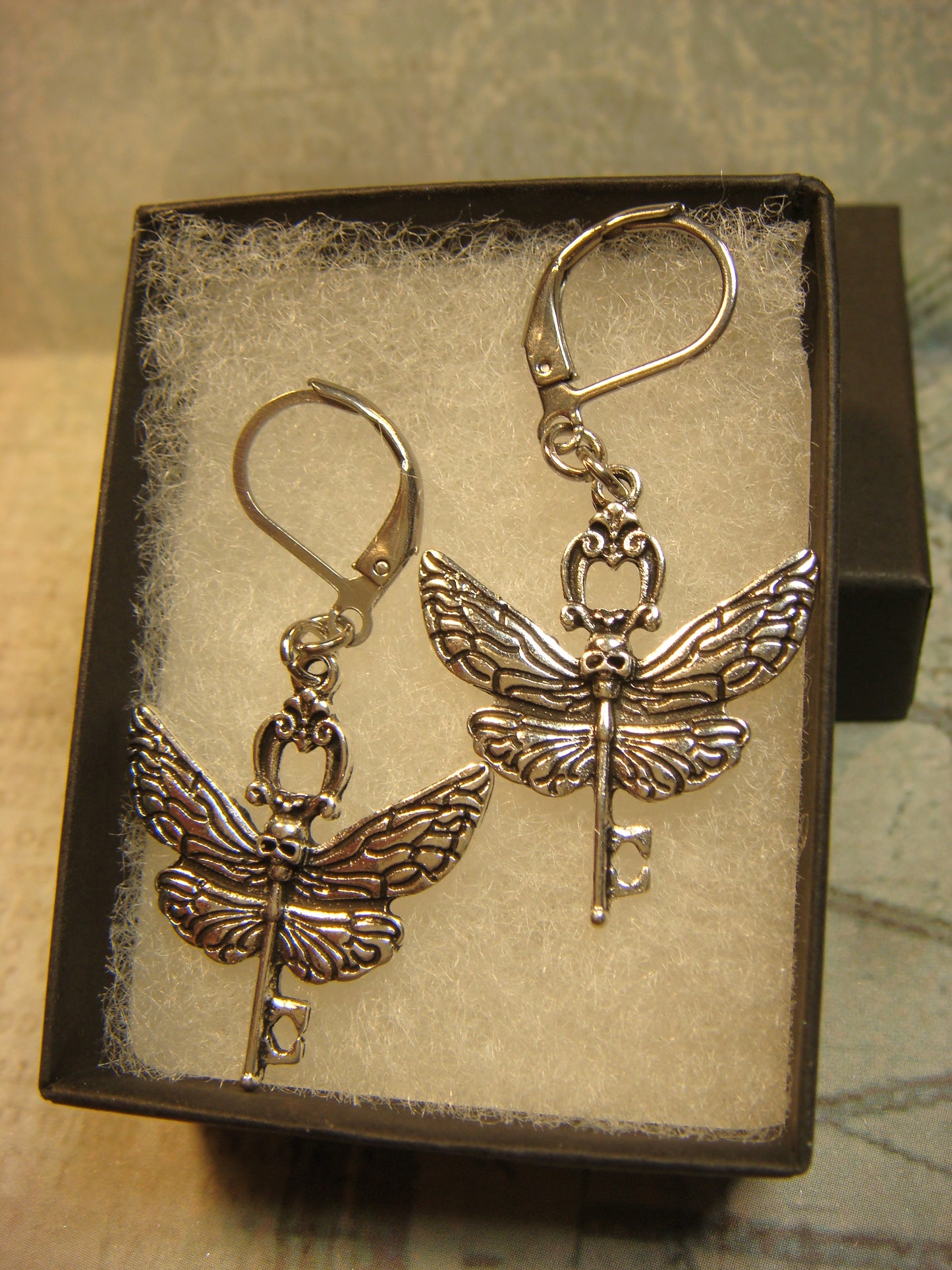 Moth Skull Key Dangle Earrings in Antique Silver
