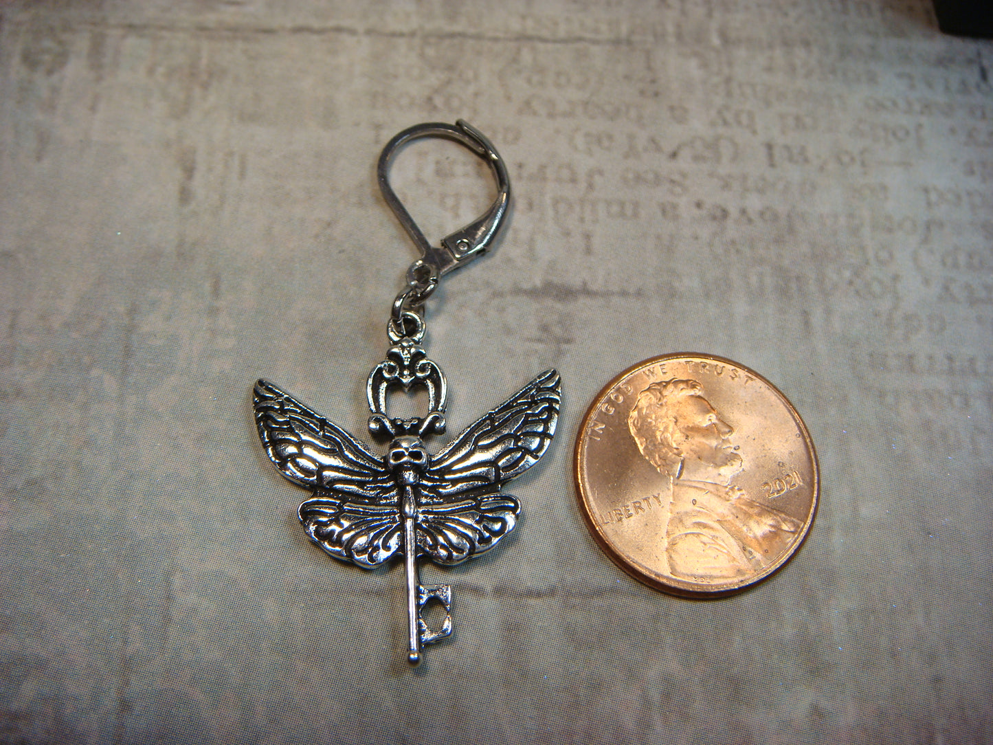 Moth Skull Key Dangle Earrings in Antique Silver