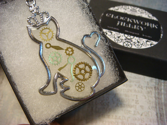 Steampunk Gears Crowned Cat  Transparent Necklace