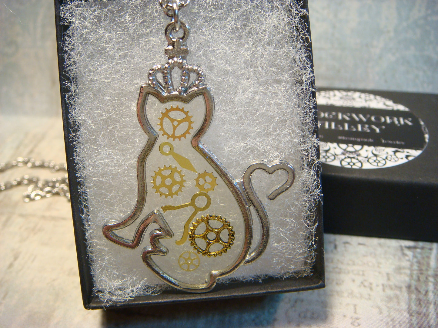 Steampunk Gears Crowned Cat Transparent Necklace