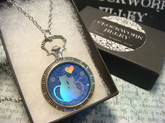 Snuggling Cats with Heart Pocket Watch Pendant Necklace