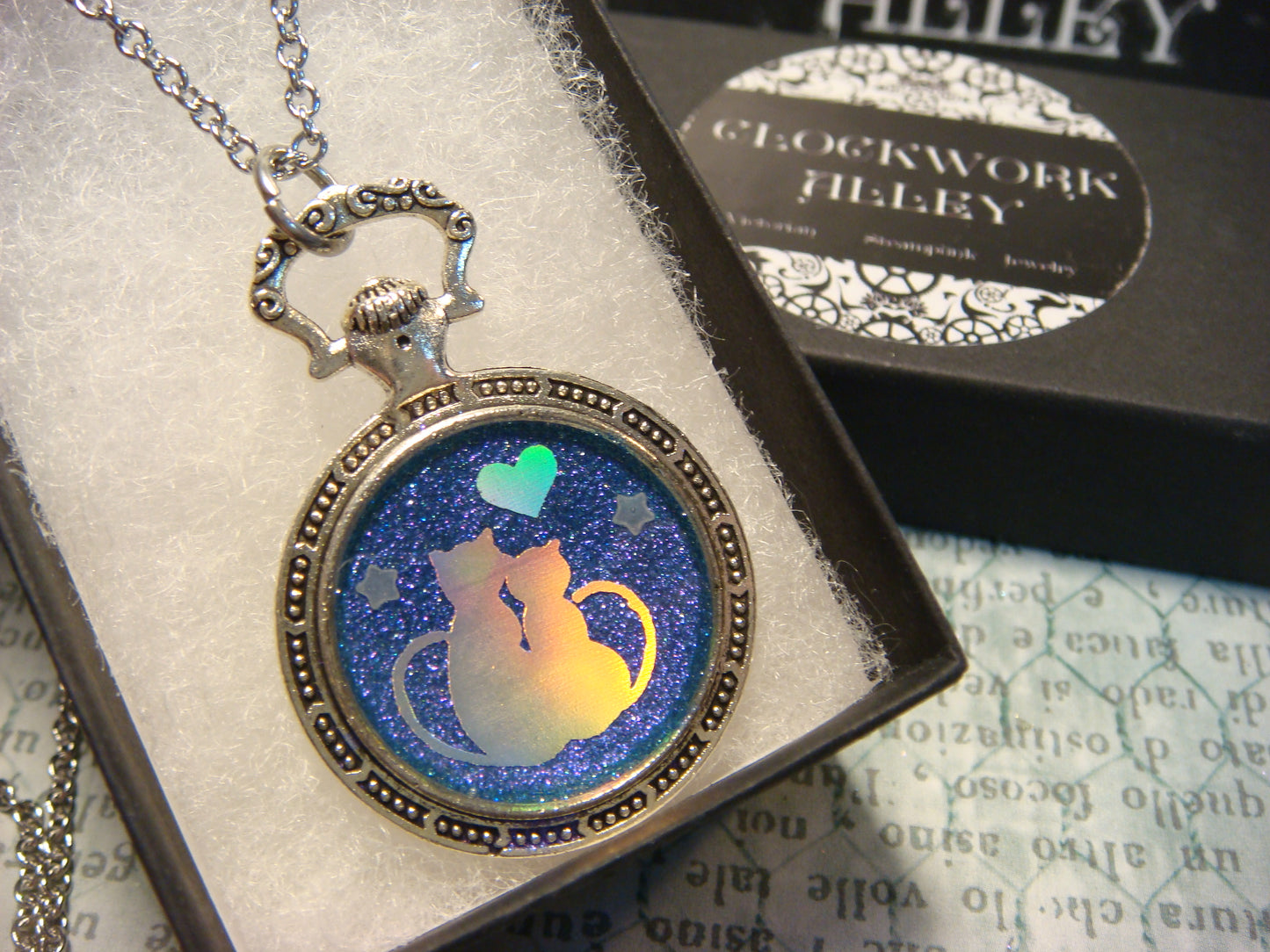 Snuggling Cats with Heart Pocket Watch Pendant Necklace