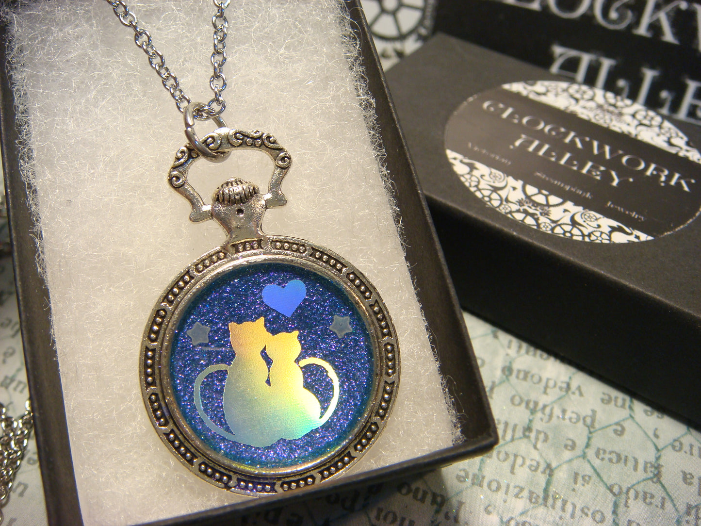 Snuggling Cats with Heart Pocket Watch Pendant Necklace